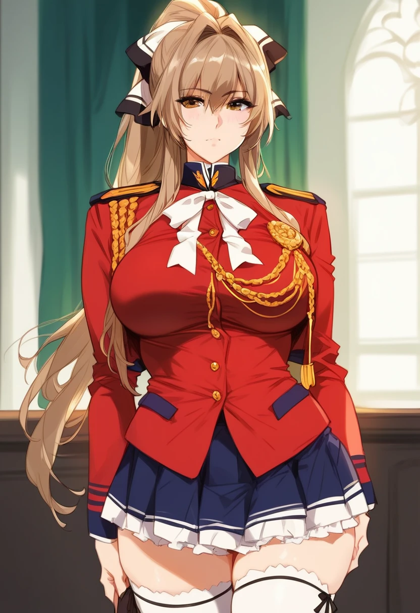 score_9, score_8_up, score_7_up, score_6_up, score_5_up, score_4_up, masterpiece, best quality, highly detailed, BREAK, 1girl, <lora:Sento_Izusu:1> sentopony, long hair, brown hair female, brown eyes, ponytail, large breasts, uniform, skirt, thighhighs <lora:Mikayori_Style:1>