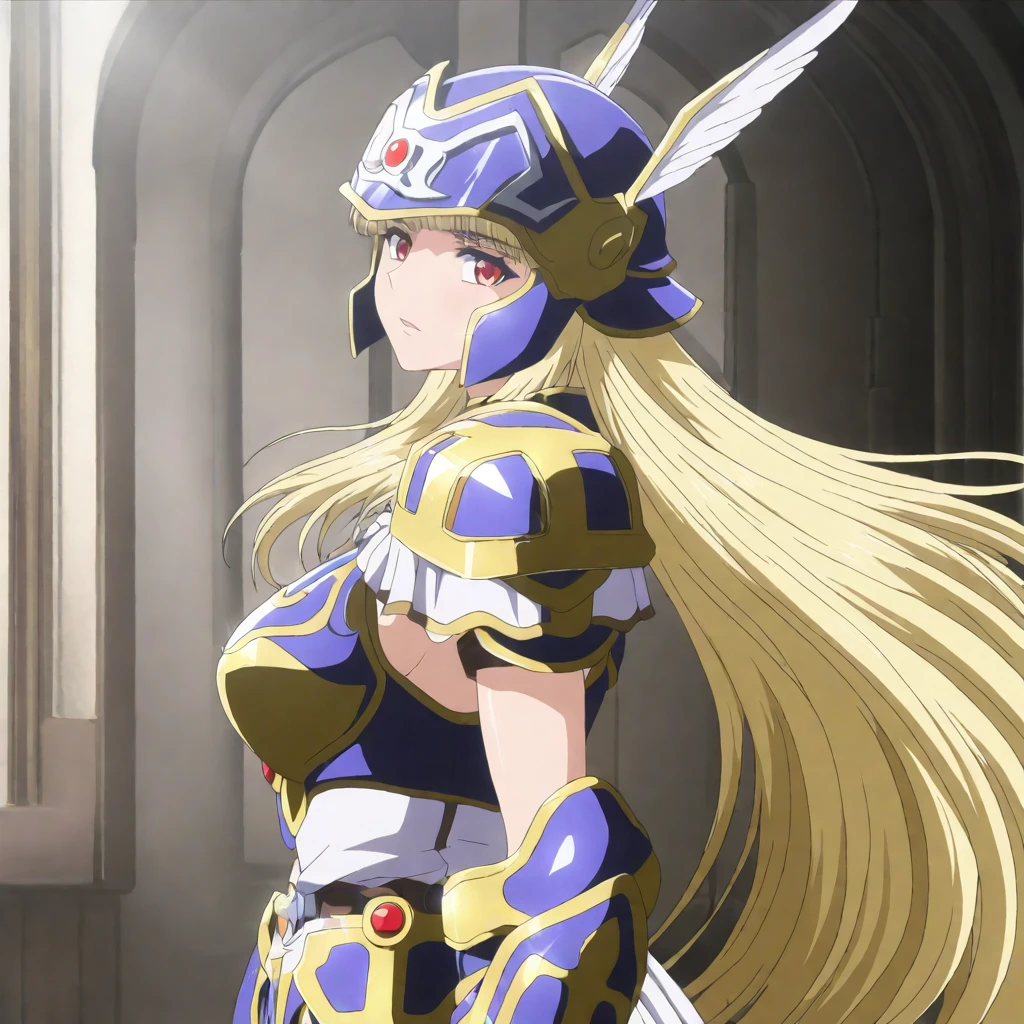 masterpiece,high score,great score,absurdres,solo,looking at viewer,from side,<lora:Valkyrie_ss hassakuill30:1> valkyriess, blonde hair, long hair, red eyes,helmet,armor,armored dress,