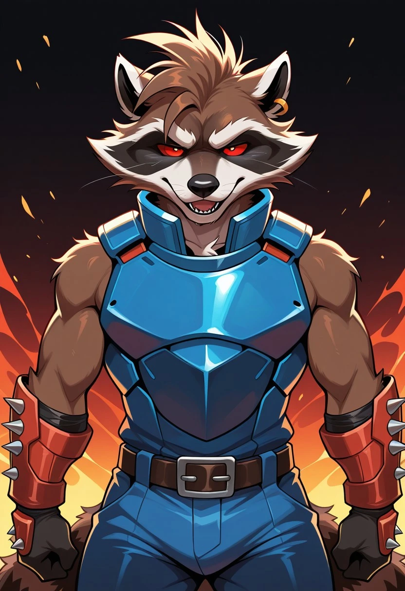 Safe_pos,masterpiece,best quality,amazing quality,1man,solo,anthro,R0ck3t R4c00n,raccoon,brown fur,red sclera,red eyes,blue armor,belt,spiked gauntlet