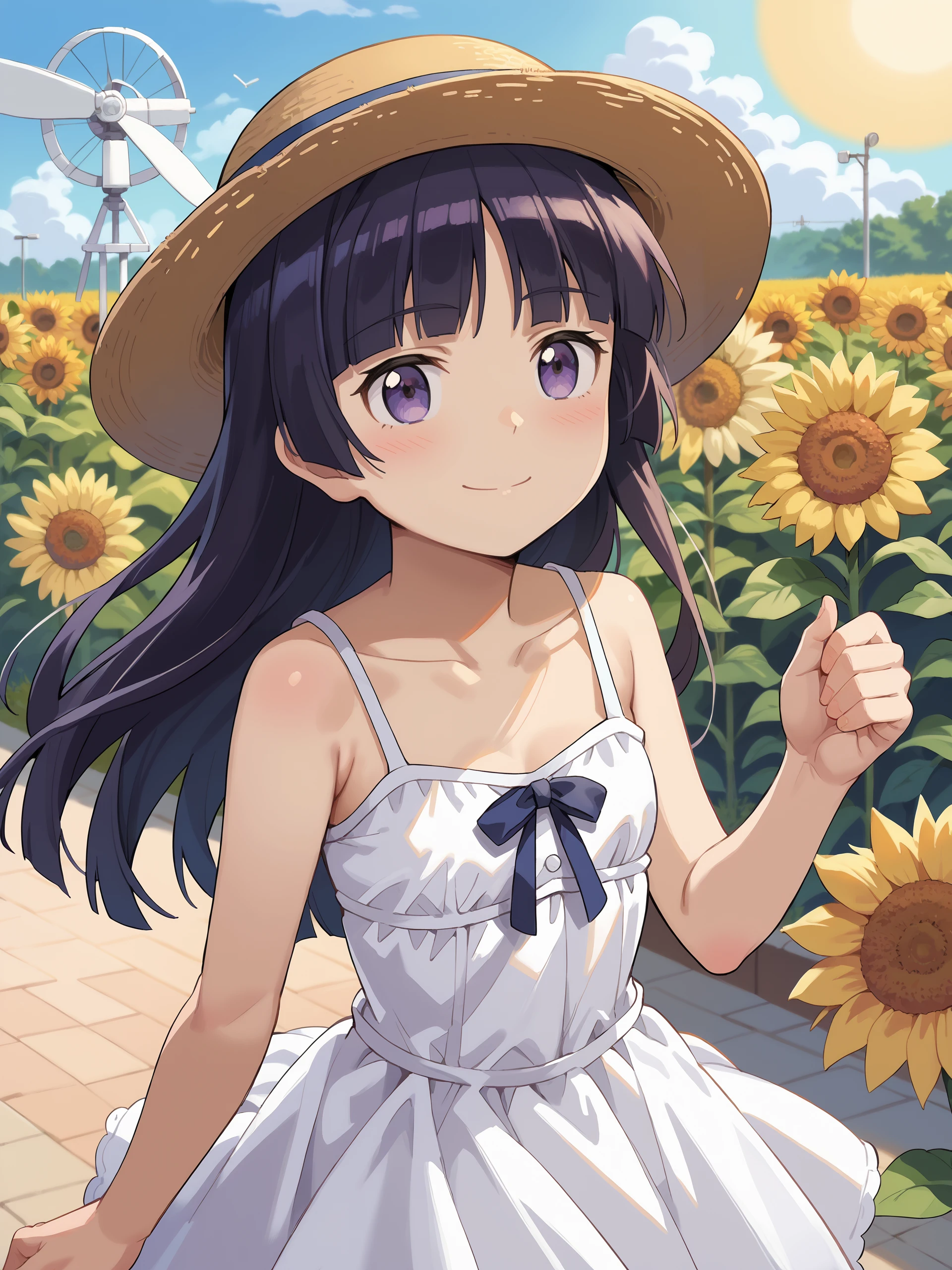score_9, score_8_up, score_7_up, source_anime, ray tracing, best quality, anime screenshot, anime coloring, <lora:Char-Gokou_Ruri-V1-Pony:0.9:hr=0.6>, 1girl, solo, gokou ruri, (white dress, sundress, chemise:1.2), floating hair, cheering, sunflower, outdoor, wind turbine, smile, sun hat, depth of field