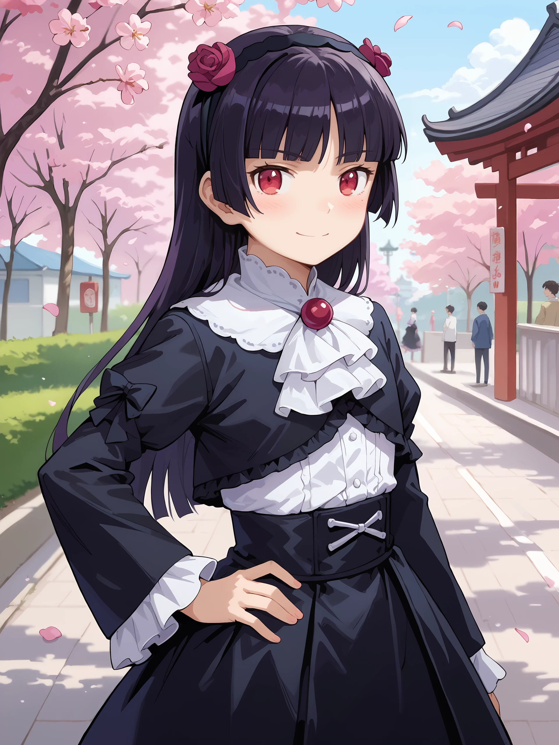 score_9, score_8_up, score_7_up, source_anime, ray tracing, best quality, anime screenshot, anime coloring, <lora:Char-Gokou_Ruri-V1-Pony:0.9:hr=0.6>, 1girl, gokou ruri, red eyes, black flower hairband, solo, frilled ascot, flower brooch, black cropped jacket, white frilled shirt, black hoop skirt, petticoat, hand on hip, looking at viewer, light smile, standing, contrapposto, cowboy shot, outdoors, street, cherry blossoms, petals, depth of field