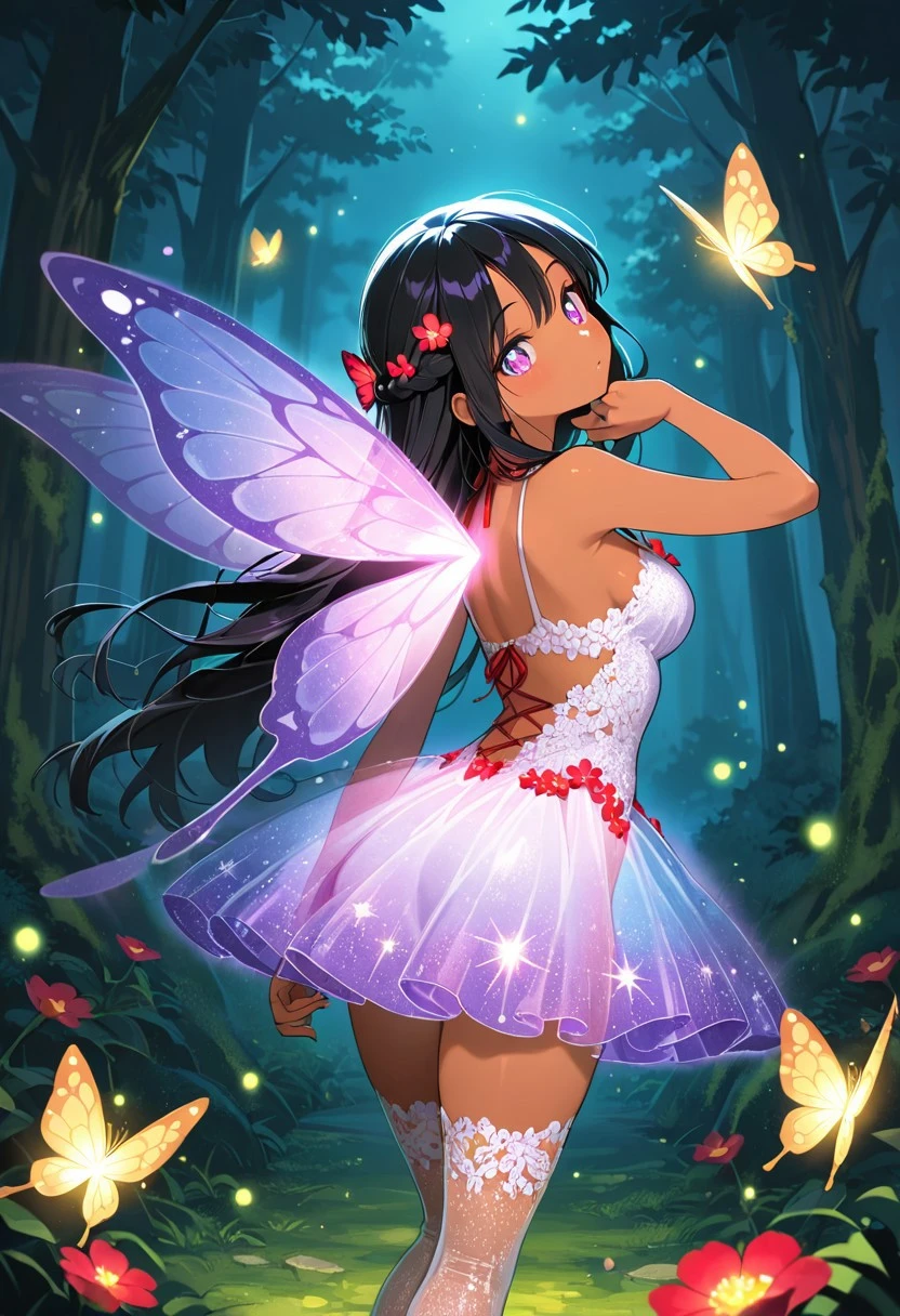 Warm colors, masterpiece, best quality, amazing quality, girl, portrait shot, from behind
black hair, sparkling purple eyes, long hair, french braid, medium breasts, tan skin, short glittering red lacy silk fairy dress, sweetheart neckline, translucent lacy thigh socks, glowing red flowers in hair, hand in hair, touching lip, head tilt, glitter fairy wings, flying, floating, picking glowing fruit from the trees, looking back at viewer, curious, magical butterflies, in a lush magical forest, grassy ground, moss covered dark wood trees, leaf covered canopy blocks the sky, glowing moss, , magical aura, night time, summer season, green fireflies, light mist over the ground