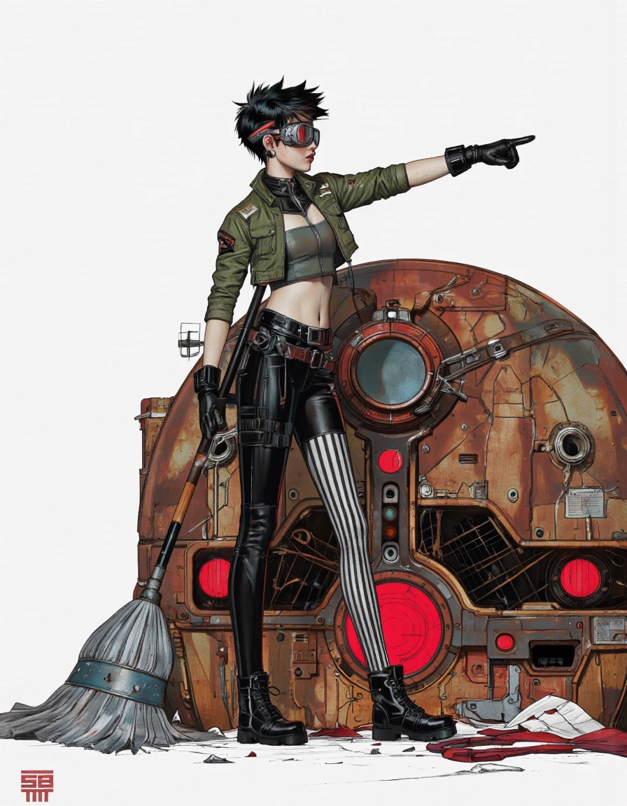 SerBira Style. A digital illustration shoot from a side angle about a female character with spiky black hair and goggles standing confidently in front of a futuristic spaceship, pointing at something with a determined expression. the character, a young woman with short spiky hair, is standing in the middle of the image, wearing a cropped green jacket, black and white striped leggings, and black combat boots. she has a serious expression on her face and is holding a mop in her right hand, with her left hand pointing towards something in the distance. the background is a stark white, with a large, rusty spaceship with red glowing eyes and a red circular window in the center, giving a futuristic feel to the image. the overall style is reminiscent of cyberpunk, with bold lines and vibrant colors.
1girl, solo, , short hair, black hair, gloves, holding, closed mouth, standing, jacket, white background, pants, boots, black gloves, crop top, fingerless gloves, black pants, goggles, cropped jacket, kneehighs, mop, moustache, black boots, leather, leather jacket, dust mop