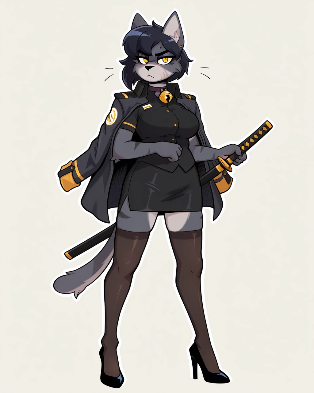 masterpiece,best quality,amazing quality, female, furry, cat, half-length portrait,  yellow eyes, black hair, short hair, cat tail, grey body, grey fur, hair accessory,  ear piercing, uniform, black shirt, bell collar, bell, high heels, facial scar,  stockings,  jacket on shoulders, katana,  , short skirt, pencil skirt, neutral expression, solo, looking at viewer, white outline, simple background,  <lora:Cobalt_Snow_Ill:0.6> <lora:The-Minuscule-Task_Style_Lora_Illustrious:0.4> <lora:goopystem_ILL:0.5> <lora:Rose_Toge_WirelessShiba_ILLUS:1>