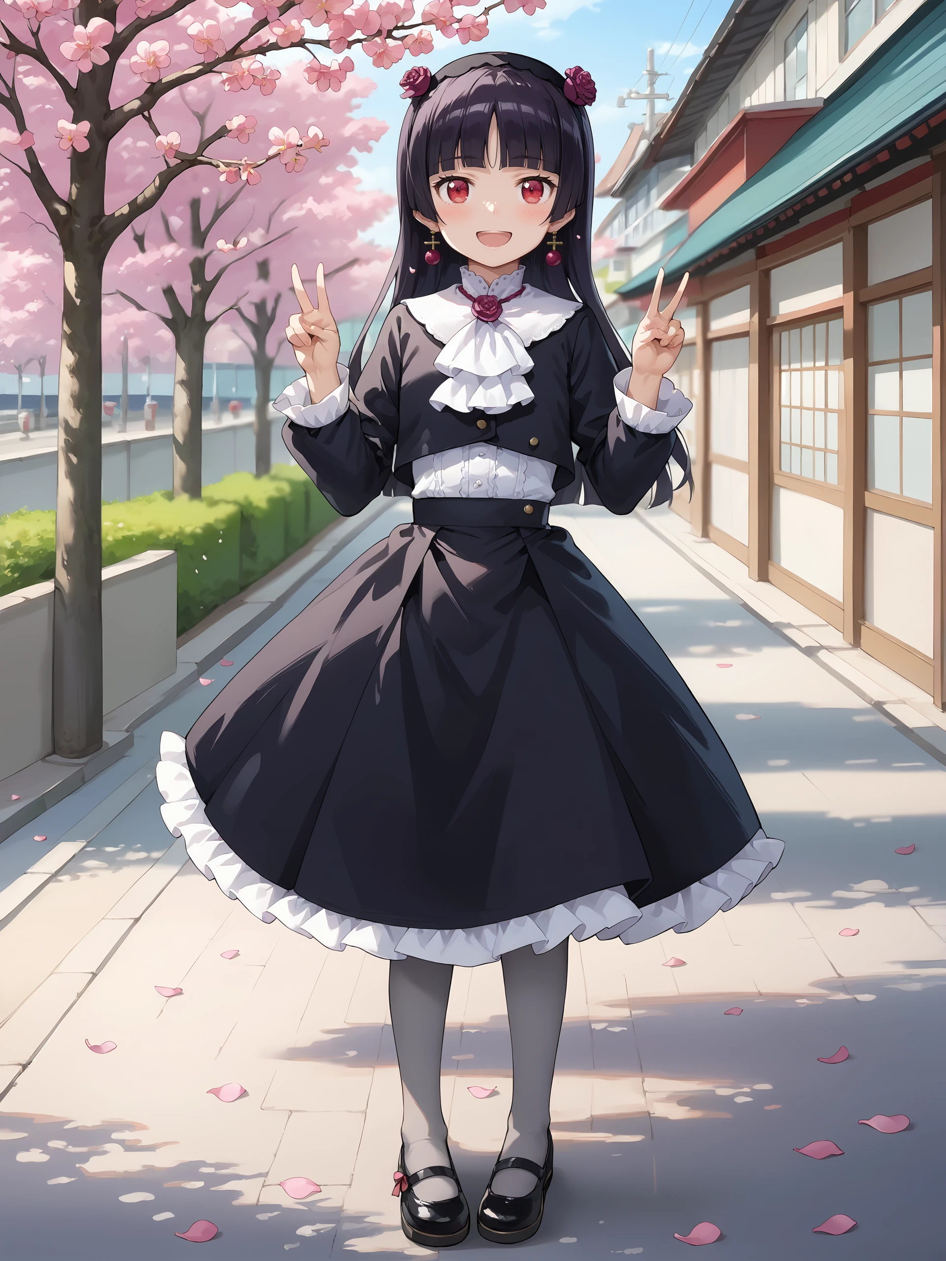 score_9, score_8_up, score_7_up, source_anime, ray tracing, best quality, anime screenshot, anime coloring, <lora:Char-Gokou_Ruri-V1-Pony:0.9:hr=0.6>, 1girl, gokou ruri, red eyes, black flower hairband, solo, frilled ascot, flower brooch, black cropped jacket, white frilled shirt, black hoop skirt, petticoat, grey pantyhose, mary janes, double v, looking at viewer, smile, open mouth, standing, contrapposto, full body, outdoors, street, cherry blossoms, petals, depth of field