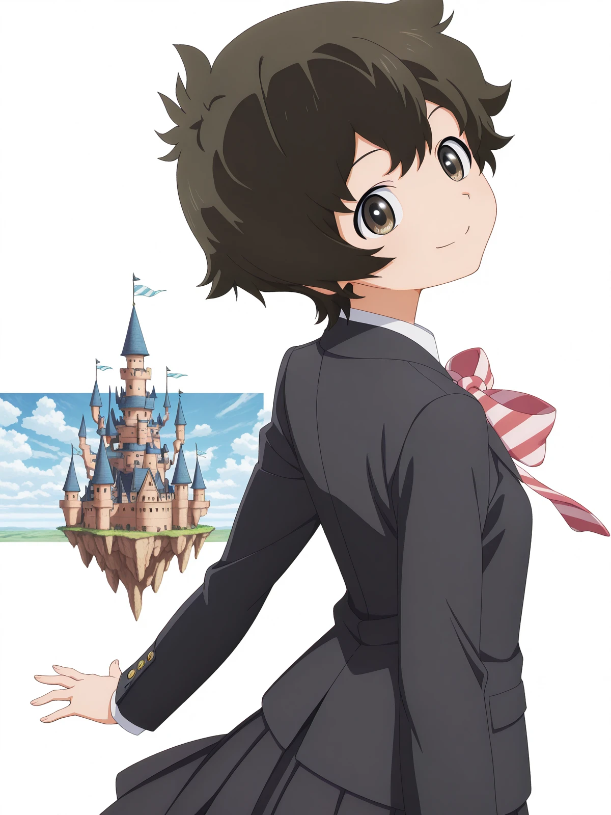 masterpiece, best quality, amazing quality,, <lora:minoru-ookuma-s1-illustriousxl-lora-nochekaiser:1>, minoru ookuma, short hair, brown hair, black hair, brown eyes, anime screencap,, skirt, long sleeves, jacket, black skirt, black jacket, blazer, bow, bowtie, stripped, stripped bowtie,, <lora:shaft-look-illustriousxl-lora-nochekaiser:1>, shaft look, looking back, from behind, head tilt, upper body, smile,, floating castle, sky, magical, clouds, fantasy, cowboy shot, solo, looking at viewer, <lora:transparent-background-illustriousxl-lora-nochekaiser:1>, transparent background, simple background, white background