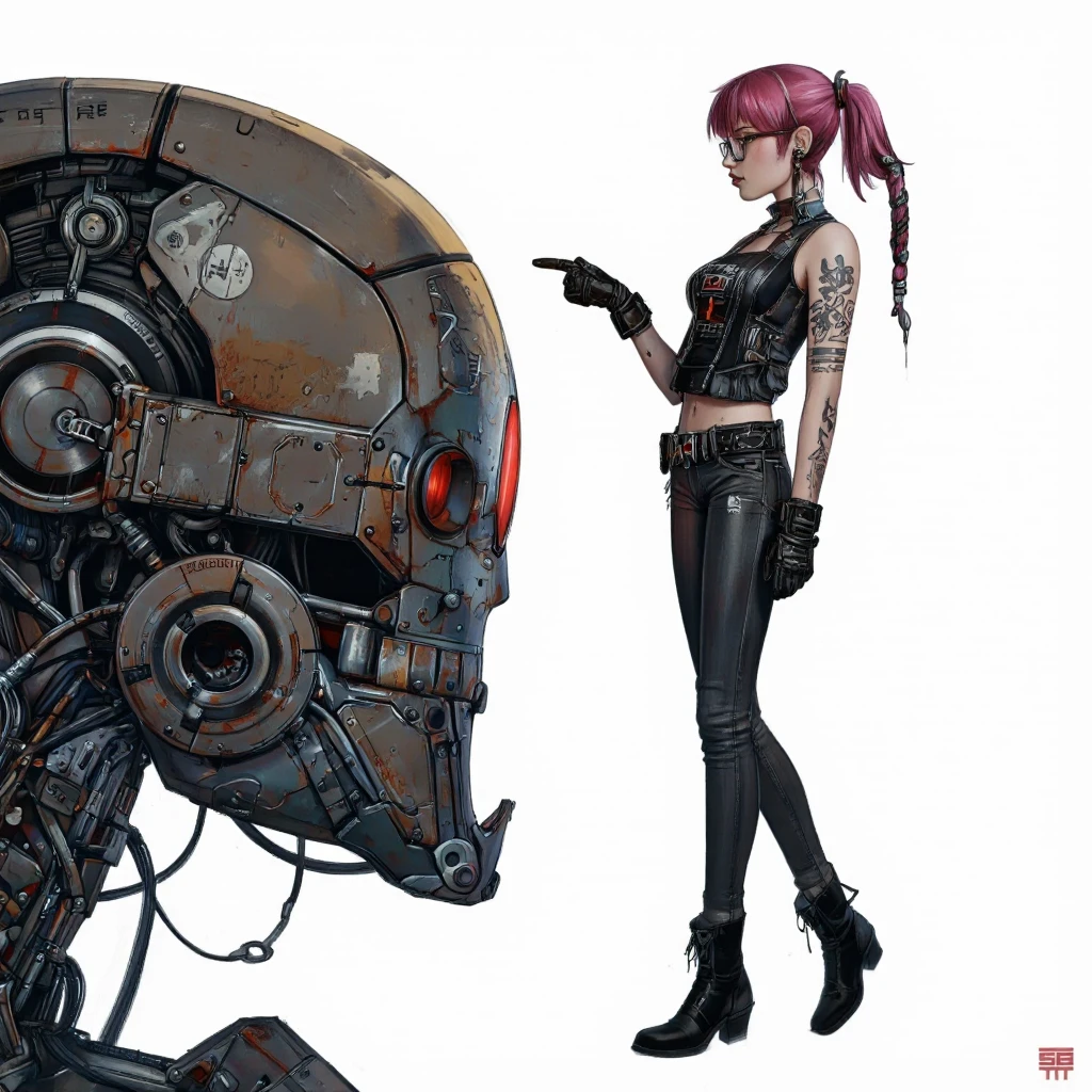 SerBira Style. A digital illustration shoot from a side angle about a stylized character with pink hair and a futuristic robot with glowing red eyes. the image also shows a confident female character standing in the middle of the image, wearing a black tank top, black skinny jeans, and black ankle boots. she has a tattoo on her right arm and is pointing at the robot with her index finger. the robot has a sleek, metallic design with red glowing eyes and various symbols on its face. the background is a plain white color.
1girl, solo, short hair, gloves, standing, pink hair, white background, black gloves, jewelry, ponytail, full body, earrings, boots, glasses, pants, black pants, sleeveless, tattoo, black footwear, black vest, studded boots, shoulder tattoo