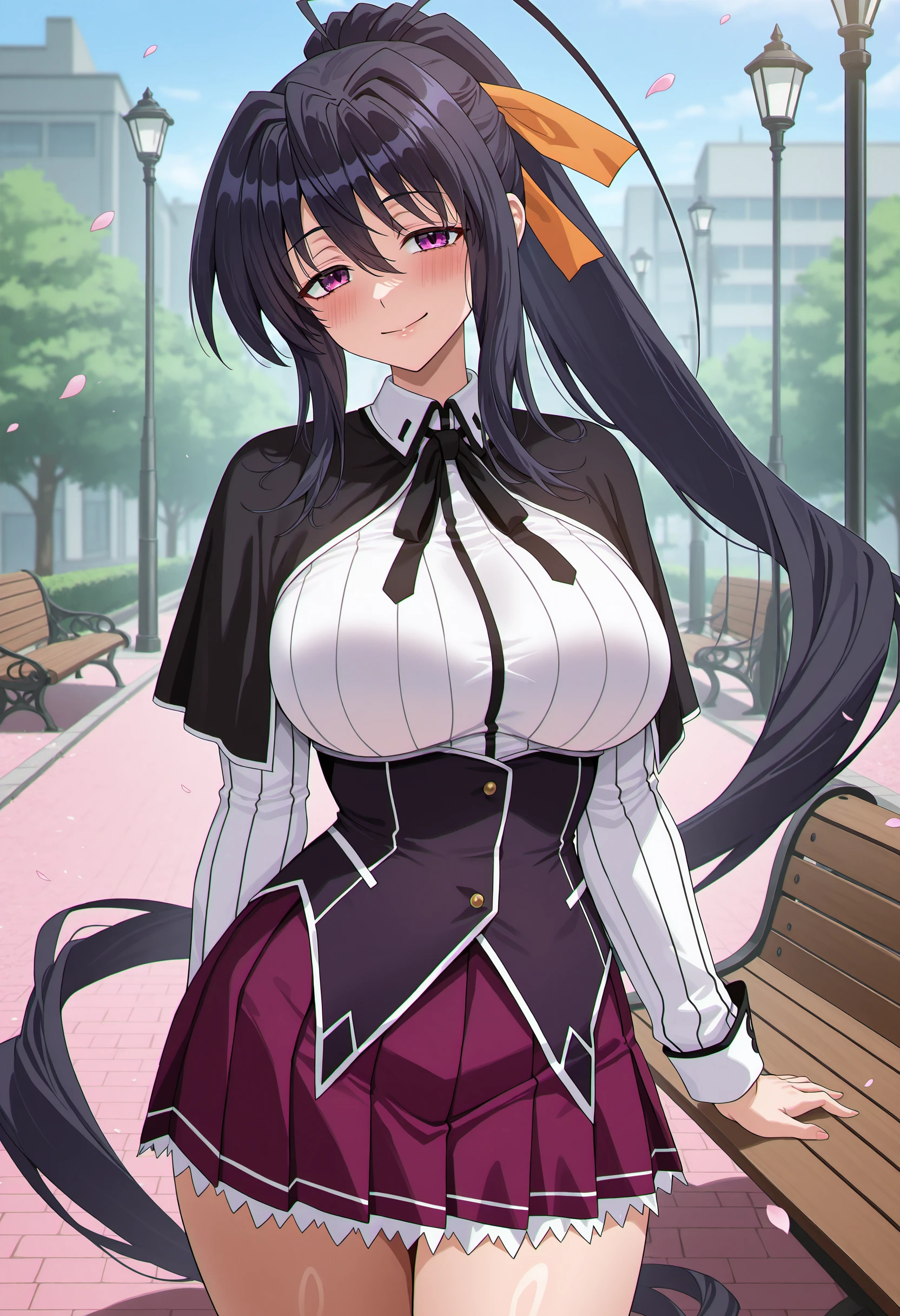 himejima_akeno, 1girl, long hair, solo, black hair, , very long hair, skirt, ribbon, outdoors, hair ribbon, ponytail, school uniform, day, looking at viewer, smile, petals, black capelet, purple eyes, lamppost, bench, capelet, hair between eyes, purple skirt, cowboy shot, <lora:AkenoHimejima-IllustXL:1>, (masterpiece),(best quality),(ultra-detailed),(best illustration),(best shadow),(absurdres),(detailed background),(very aesthetic),<lora:HellToYou_style_IllustriousXL:0.9>, HellToYou, masterpiece, best quality, amazing quality