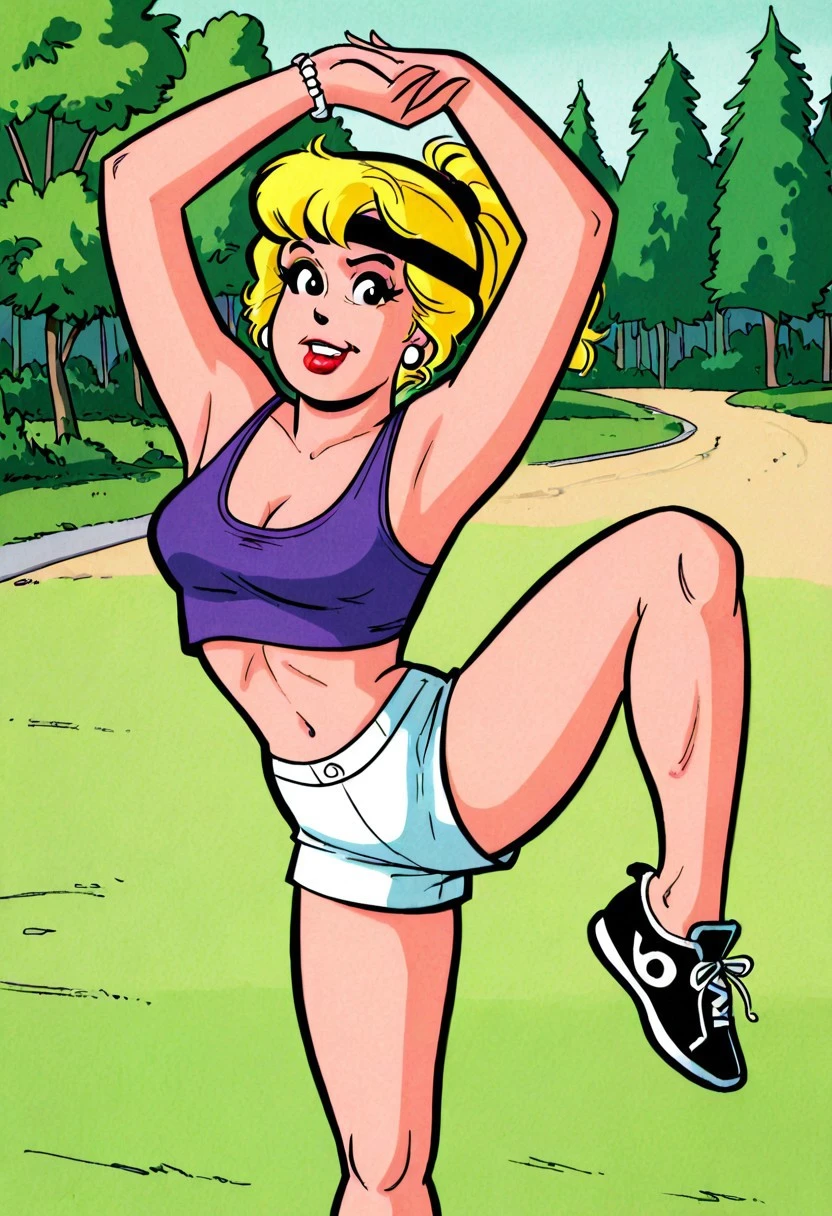 (intricate details, perfect , perfect eyes, close-up, solo), confident eyes, face, parted lips, (looking at viewer, eye contact), arched back, pose, showing off body, showing off curves, stretching, exercise, yoga, arms up, flexible, leg up, split, standing, grabbing leg, holding leg, standing on one leg, standing split, outdoors, park, forest,
Betty, 1girl, solo, blonde hair, ponytail, , lipstick, red lips, makeup retro artstyle, 1980s (style), black headband, , cleavage, shorts, white shorts, tank top, purple tank top, midriff, navel, jewelry, earrings, black sneakers