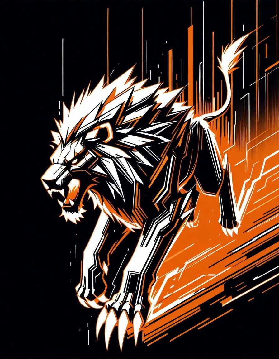 masterpiece, best quality, <lora:Navi_PrideStrokes_IL_1.5:0.7>, limited palette, glow, black theme, orange theme,
monster, claws, charging forward, lion, open mouth,
