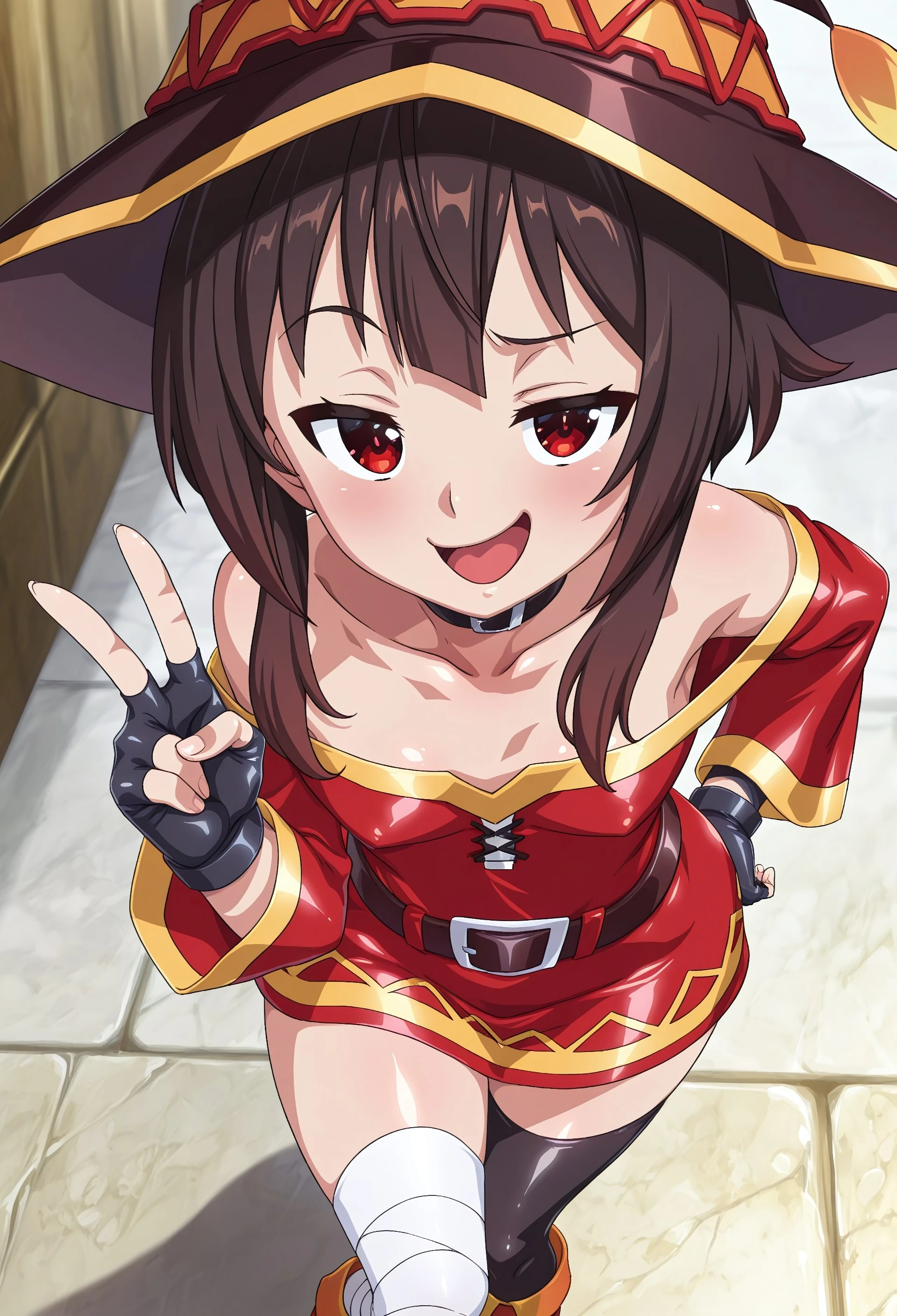 Masterpiece, best quality, dynamic_pose, anime coloring, anime screencap, 1girl, solo, Megumin-Liver020, short hair, brown hair, black hair, short hair with long locks, no hat, red eyes, red dress, short dress, gloves, black gloves, fingerless gloves, thighhighs , black thighhighs, asymmetrical legwear, single thighhigh, boots, black belt, brown belt, belt buckle, choker, black choker, collar, bandages, bandaged leg, shoulders, long sleeves, collarbone, mismatched legwear, brown footwear, orange footwear, black headwear, brown headwear, zettai ryouiki, off shoulder, off-shoulder dress, shiny clothes, mature female, small , wide , curvy , small waist, v, looking at viewer, close up, from above, standing, leaning_forward, smug, open_mouth, raised eyebrow,