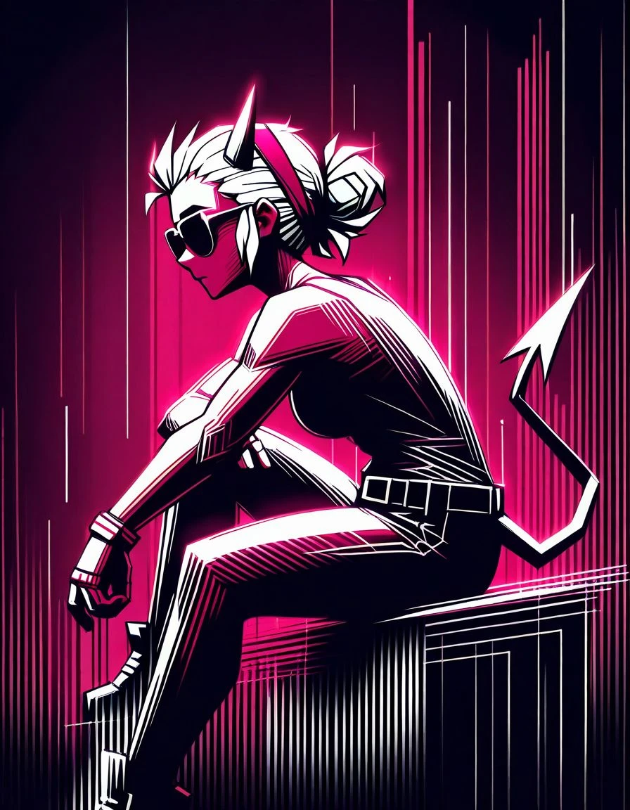 masterpiece, best quality, <lora:Navi_PrideStrokes_IL_1.5:0.9>, limited palette, glow, black theme, purple theme,
1girl, sitting , justice \(helltaker\), white hair, horns, sunglasses , red hairband, demon girl, demon tail