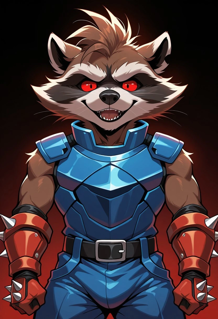 Safe_pos,masterpiece,best quality,amazing quality,1man,solo,anthro,R0ck3t R4c00n,raccoon,brown fur,red sclera,red eyes,blue armor,belt,spiked gauntlet