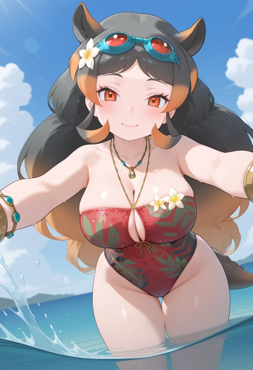 1girl, solo, <lora:hippopotamus_gorgopos_swimsuit_kf_ilxl_v1:1>, hippopotamus gorgops \(kemono friends\), long hair, very long hair, multicolored hair, two-tone hair, gradient hair, big hair, sidelocks, black hair, blonde hair, brown hair, orange hair, grey hair, orange eyes, red eyes, extra ears, large breasts, curvy, mature female, higo3rd, goggles, goggles on head, eyewear on head, hair flower, swimsuit, print swimsuit, multicolored swimsuit, two-tone swimsuit, green one-piece swimsuit, one-piece swimsuit, red one-piece swimsuit, casual one-piece swimsuit, jewelry, bracelet, necklace, aqua nails, blue nails, nail polish, blush, smile, looking at viewer, reaching towards viewer, outstretched arms, leaning forward, dutch angle, pov, partially submerged, ocean, water, splashing, blue sky, cloud, masterpiece, best quality, very aesthetic, absurdres