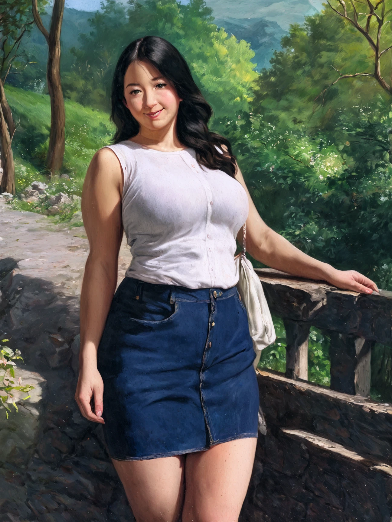 masterpiece, best quality, absurdres, highres, safe, 1woman, solo, mature female, smile, curvy, sleeveless shirt, nature, oil painting, traditional medium