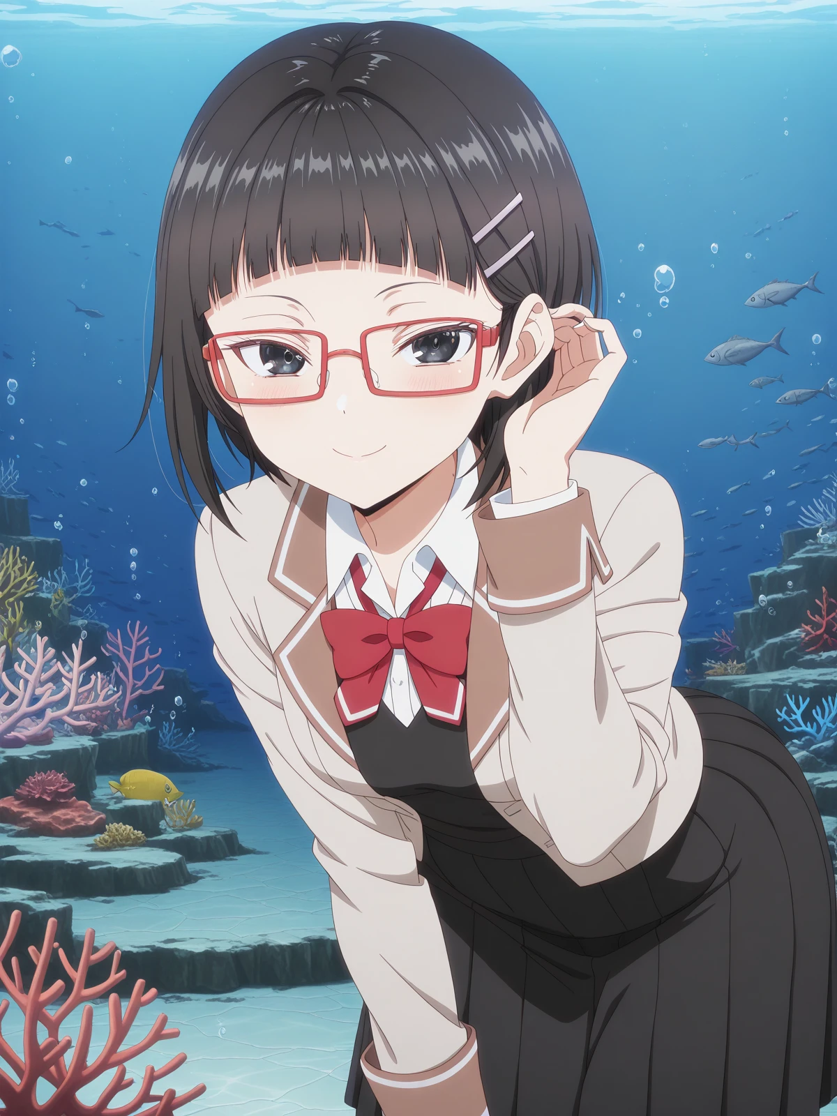 masterpiece, best quality, amazing quality,, <lora:sayaka-taniyama-s1-illustriousxl-lora-nochekaiser:1>, sayaka taniyama, black eyes, black hair, short hair, bangs, blunt bangs, hair clip, glasses, red-framed eyewear, mature female, small breasts, anime screencap, shirt, bow, jacket, white shirt, collared shirt, bowtie, red bow, blazer, red bowtie, black skirt, pleated skirt,, <lora:tucking-hair-illustriousxl-lora-nochekaiser:1>, tucking hair, adjusting hair, hand on own hair, hair behind ear, smile, bent over, leaning forward, blush, hand up,, seafloor, coral, fish, underwater, blue, cowboy shot, solo, looking at viewer,