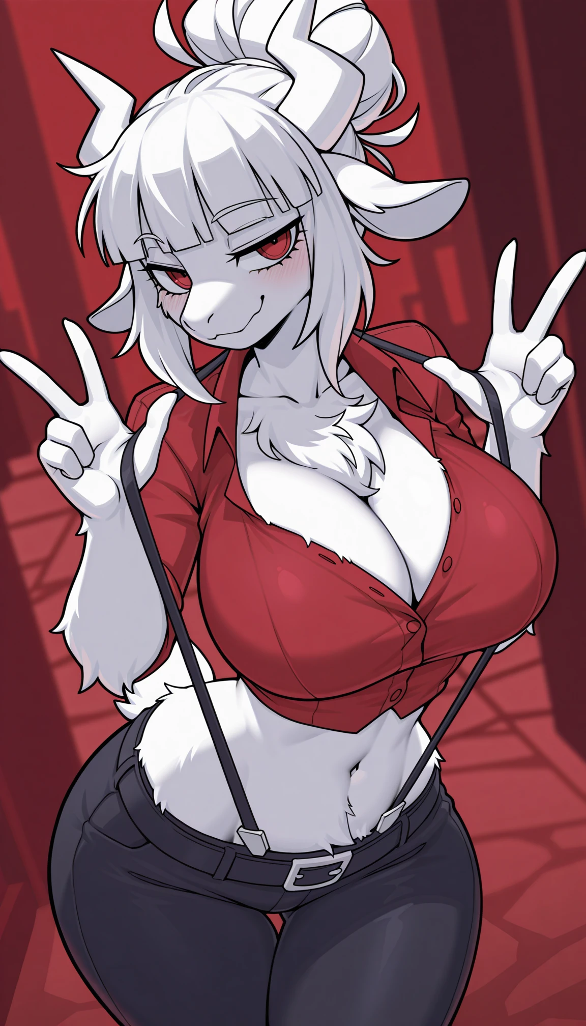 masterpiece, best quality, amazing quality, very aesthetic, 4k, high resolution, ultra-detailed, absurdres, newest, scenery, 1girl, furry, anthro, solo, goat lucifer \(helltaker\), (white goat girl:1.3), white hair, blunt bangs, hair bun, long sidelocks, white fur, body fur, red eyes, white horns, smug, facing to the side, looking at viewer, long snout, massive breasts, narrow waist, (wide hips, large butt, large ass:1.2), thick thighs, (skindentation:1.2) crop top unbuttoned impossible red shirt, black belt suspenders, suspenders pull, navel, cleavage, chest tuft, tight lowleg business black pants, belt, hip dips, contrapposto, thigh gap, head tilt, w arms, double w, arched back, goat tail, fur hands, upper body, from above, dutch angle, [red background:helltaker background:8], BREAK, eyes, hands, detailed eyes, depth of field, detailed fluffy fur, volumetric lighting