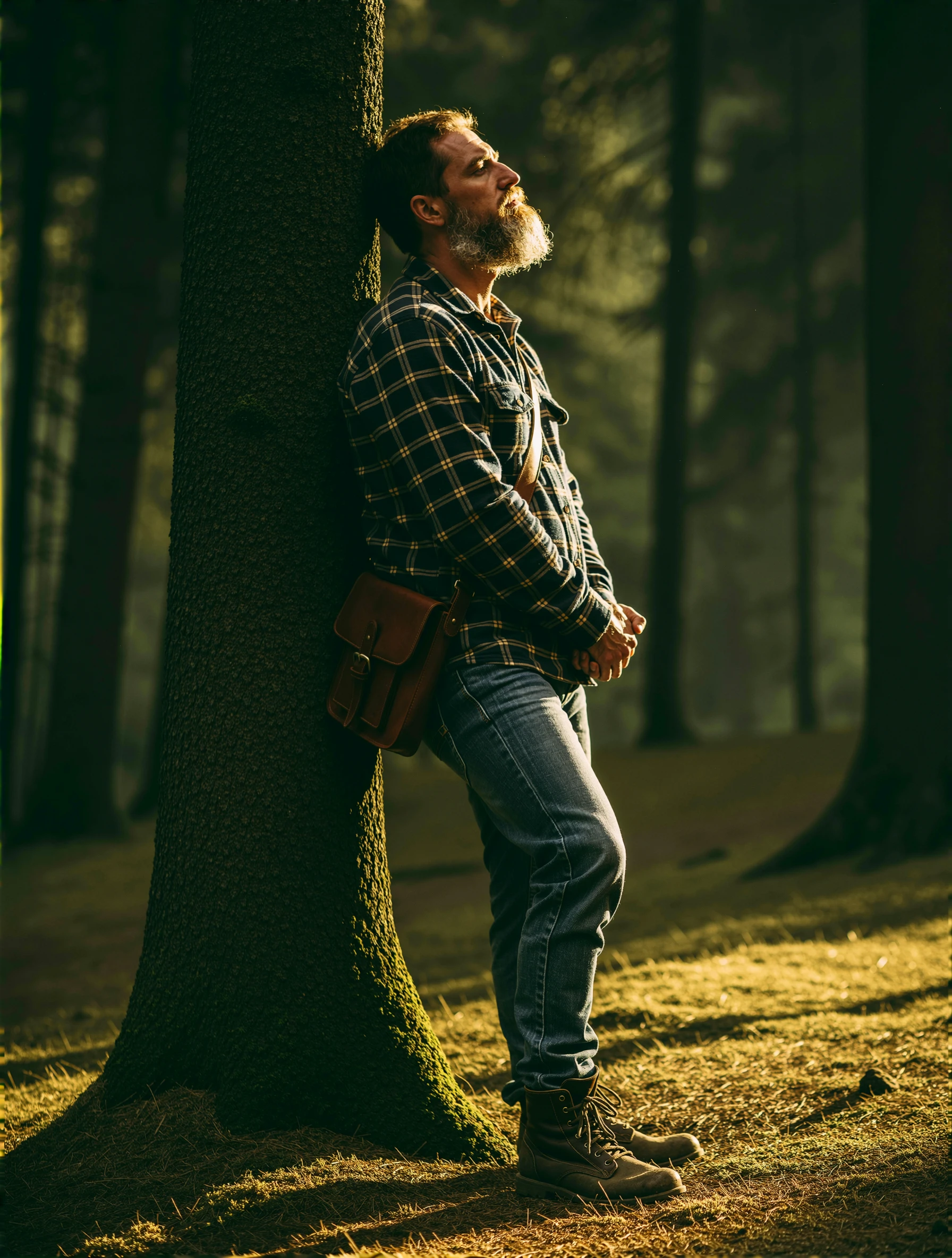 The middle-aged man stands with a weathered posture, his rugged features etched by years of sun and wind. His face is a map of deep creases, jawline sharp but softened by a thick, salt-and-pepper beard that hangs in uneven strands, some flecked with dirt from the forest floor. His eyes are narrow, dark with a tired glint, lips cracked from the cold air. He wears a frayed flannel shirt tucked into faded denim jeans, the fabric stiff with moss and pine resin, and heavy boots scuffed by roots and mud. A leather satchel slung over one shoulder holds tools or supplies, its straps worn thin. His hands are calloused, knuckles swollen from manual labor, fingers curled as if gripping a tool or rope. The manâs stance is half-lean against a gnarled tree trunk, shoulders hunched, head tilted back to drink in the light, his breath visible in the crisp air.
The mid-shot frames his torso and upper body, with the dense forest behind himâtowering pines and firs casting long shadows under dappled sunlight. Natural light spills through the canopy in golden beams, illuminating his face in patches while leaving his arms and chest in soft shadow. The ground is a patchwork of fallen leaves, moss, and scattered pine needles, their textures sharp against the muted greens of the foliage. His beard glints faintly where light catches it, and the sweat on his brow reflects the forestâs humidity. The mood is quiet, almost meditative, as if heâs pausing to breathe in the wildness around him. A faint mist clings to the air, blurring the edges of trees and adding a hazy intimacy to the scene.
Rendered in realistic photographic style with hyper-detailed resolution, the image captures every grain of his beard, the rough texture of his leather gloves, and the translucency of pine sap on his boots. The lighting is stark yet natural, mimicking the soft contrast of midday in a forest clearing, with shadows sharp enough to define his form but diffused by the interplay of light through leaves. Focus remains locked on his face and hands, their textures and expressions rendered with clinical precision, while the background remains slightly out-of-focus, emphasizing his isolation and resilience against the untamed wilderness. No surreal elements or fantasy flourishesâjust the raw, unfiltered grit of a man surviving in nature.
