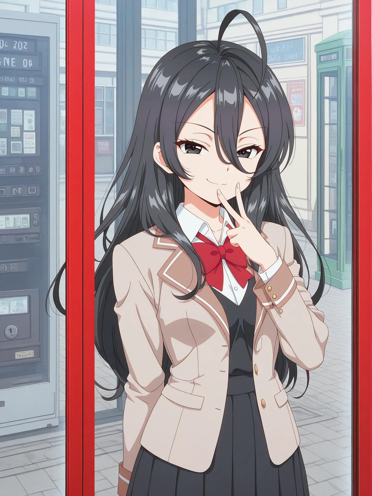 masterpiece, best quality, amazing quality,, <lora:ayano-kimishima-s1-illustriousxl-lora-nochekaiser:1>, ayano kimishima, black hair, black eyes, ahoge, long hair, hair between eyes, mature female, small breasts, anime screencap, shirt, bow, jacket, white shirt, collared shirt, bowtie, red bow, blazer, red bowtie, black skirt, pleated skirt,, v, v over mouth, smug,, phone booth, glass, phone, street, retro, cowboy shot, solo, looking at viewer,