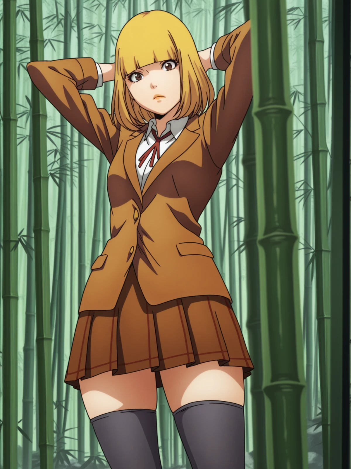 masterpiece, best quality, amazing quality,, <lora:hana-midorikawa-s1-illustriousxl-lora-nochekaiser:1>, hana midorikawa, short hair, bangs, blonde hair, brown eyes, blunt bangs, mature female, small breasts, anime screencap, skirt, shirt, thighhighs, black thighhighs, zettai ryouiki, blazer, brown blazer, brown skirt, hands behind head,, bamboo forest, bamboo, trees, dense, wildlife, cowboy shot, solo, looking at viewer,