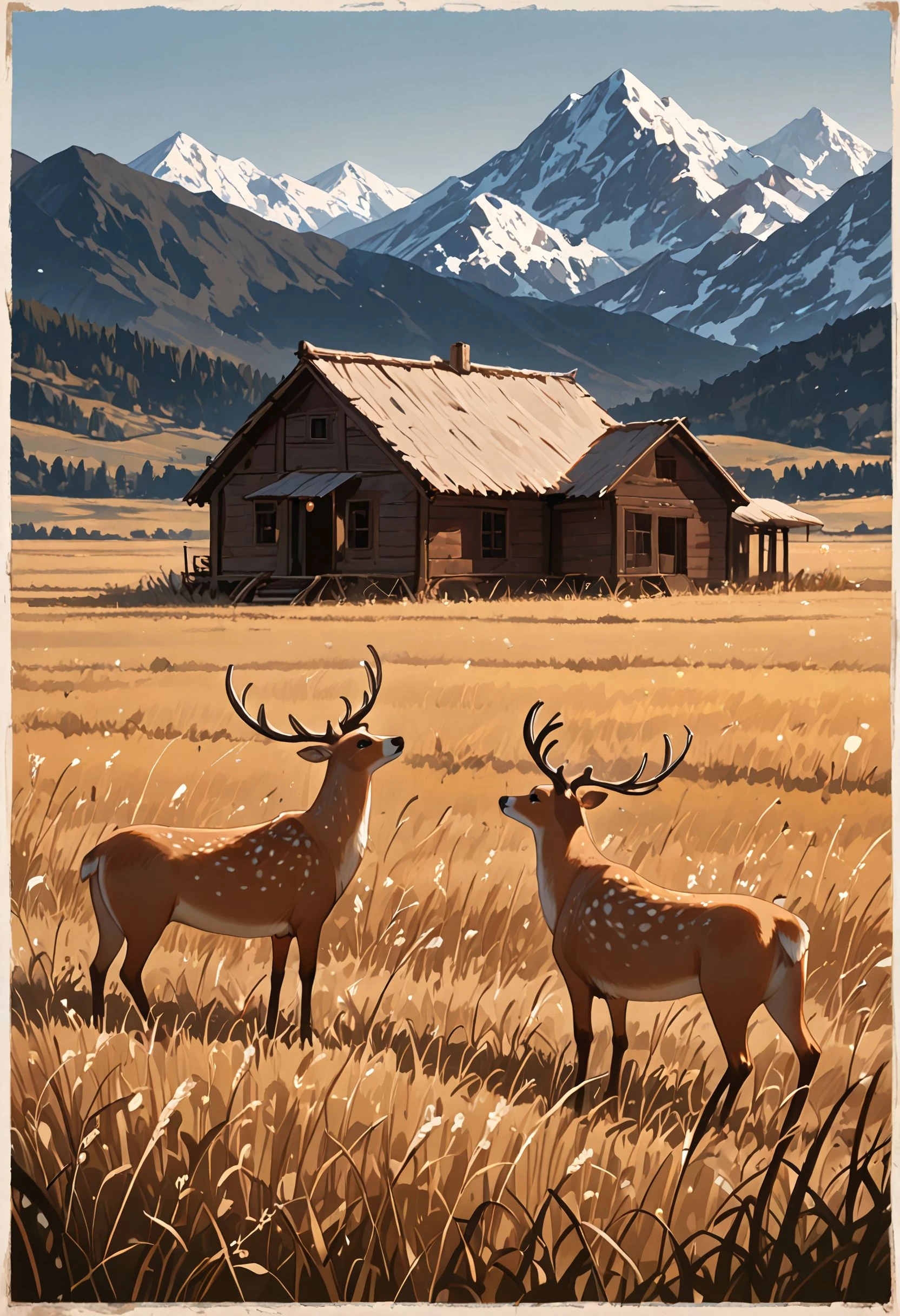 masterpiece, best quality, amazing quality, very aesthetic, A handcrafted stone-and-wood cabin in a clearing with wild deer grazing nearby, surrounded by rugged mountain ranges, vintage digital frame