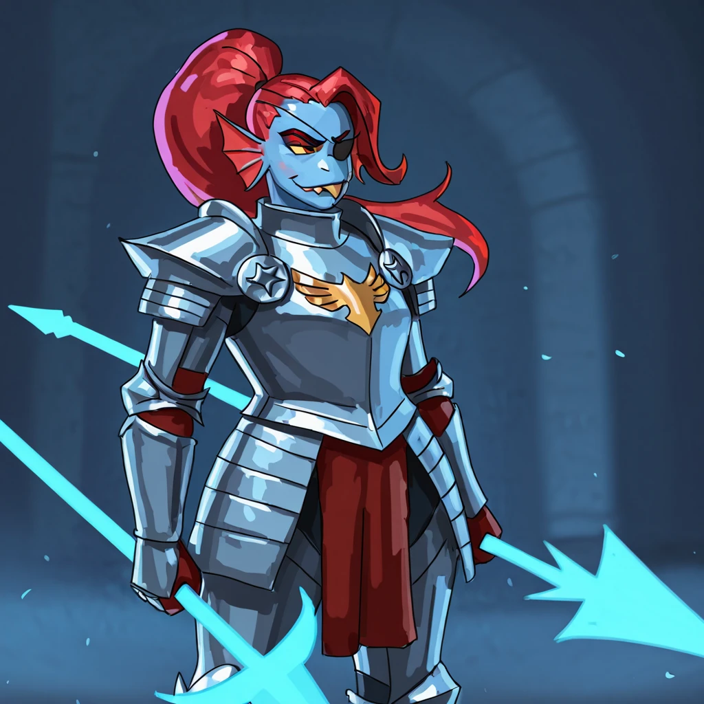 score_9, score_8_up, score_7_up, redustheriotact, undyne, eye patch, knight armor, holding weapon, spear