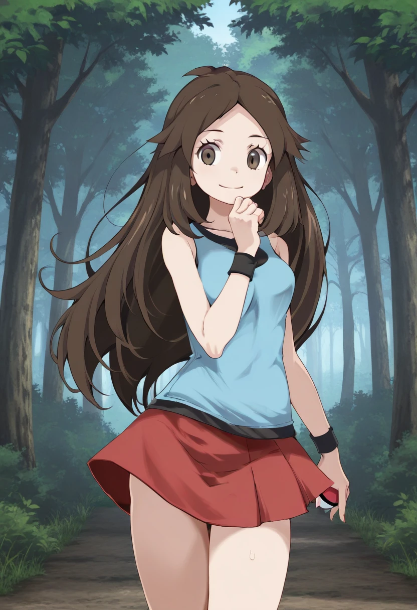 1girl, solo, frlgleaftsukishiro, no hat, brown hair, very long hair, parted bangs, hair flaps, brown eyes, blue shirt, sleeveless shirt, black wristband, skirt, outdoors, forest, smile, hand up, holding poke ball, cowboy shot, standing,
