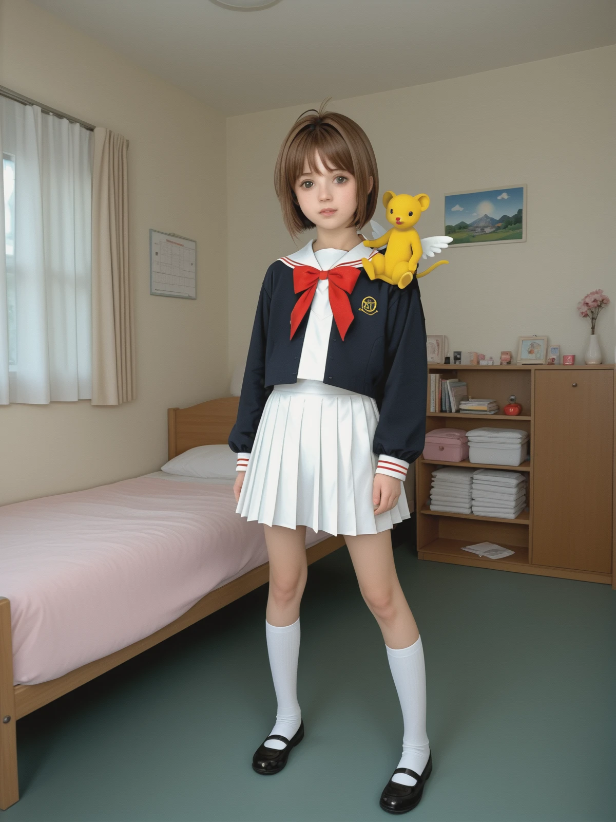 kinomoto sakura,tomoeda elementary school uniform,kero,room,
