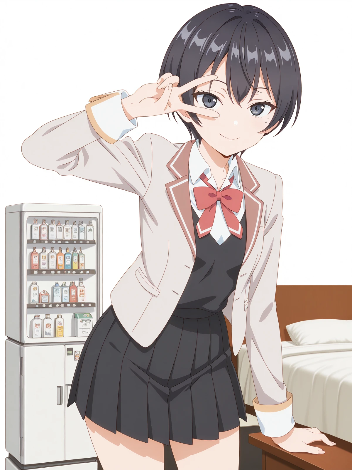 masterpiece, best quality, amazing quality,, <lora:chisaki-sarashina-s1-illustriousxl-lora-nochekaiser:1>, chisaki sarashina, black eyes, black hair, mole, mole under eye, short hair, mature female, small breasts, anime screencap, shirt, bow, jacket, white shirt, collared shirt, bowtie, red bow, blazer, red bowtie, black skirt, pleated skirt,, v, v over eyes,, hotel room, bed, desk, mini_fridge, room_service, cowboy shot, solo, looking at viewer, <lora:transparent-background-illustriousxl-lora-nochekaiser:1>, transparent background, simple background, white background