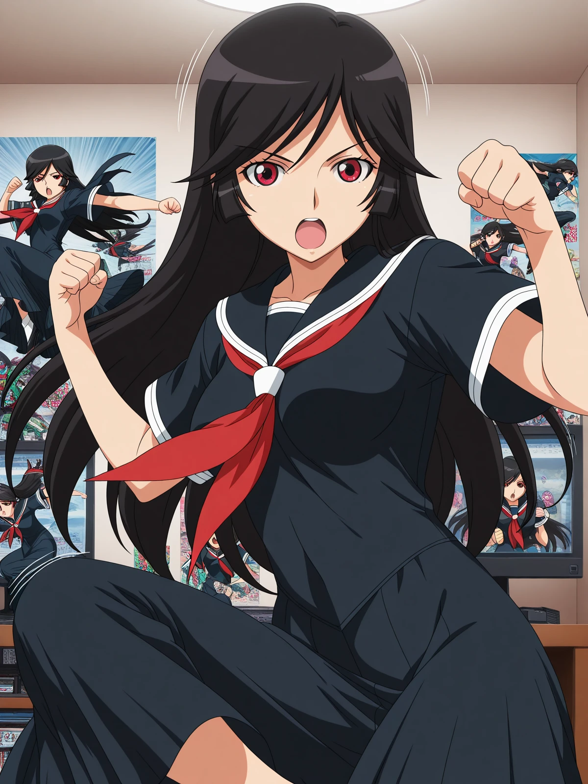 masterpiece, best quality, amazing quality,, <lora:reiri-kamura-s1-illustriousxl-lora-nochekaiser:1>, reiri kamura, long hair, black hair, red eyes, hime cut, mature female, , anime screencap,  serafuku, black serafuku, red neckerchief,, <lora:kamen-rider-kick-illustriousxl-lora-nochekaiser:1>, kamen rider kick, looking at viewer, open mouth, kicking, flying kick, motion lines, motion, hands up, clenched fist,, otaku room, posters, anime_figures, computer, cluttered, cowboy shot, solo, looking at viewer,