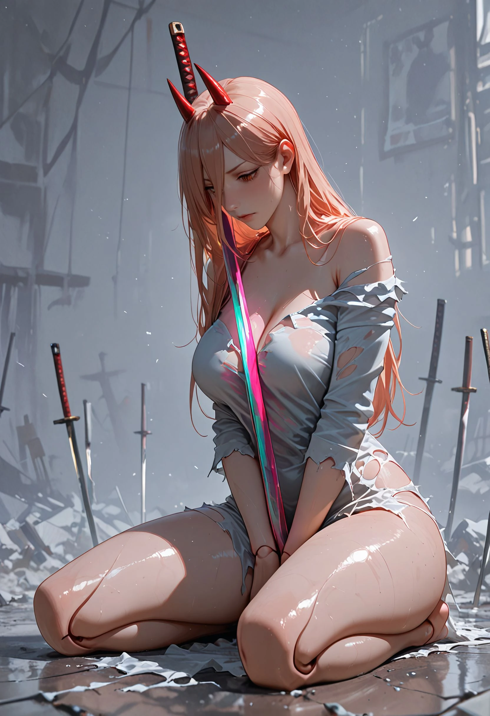 masterpiece, best_quality, amazing quality, newest, portrait, add detail, sharp focus, real skin, realistic, 2.8d, gradation grading, color contrast, impressionism, neon colors palette. BREAK, power /(chainsaw man/), torn dress, seiza, doll joints, (katana between legs), planted sword, look down