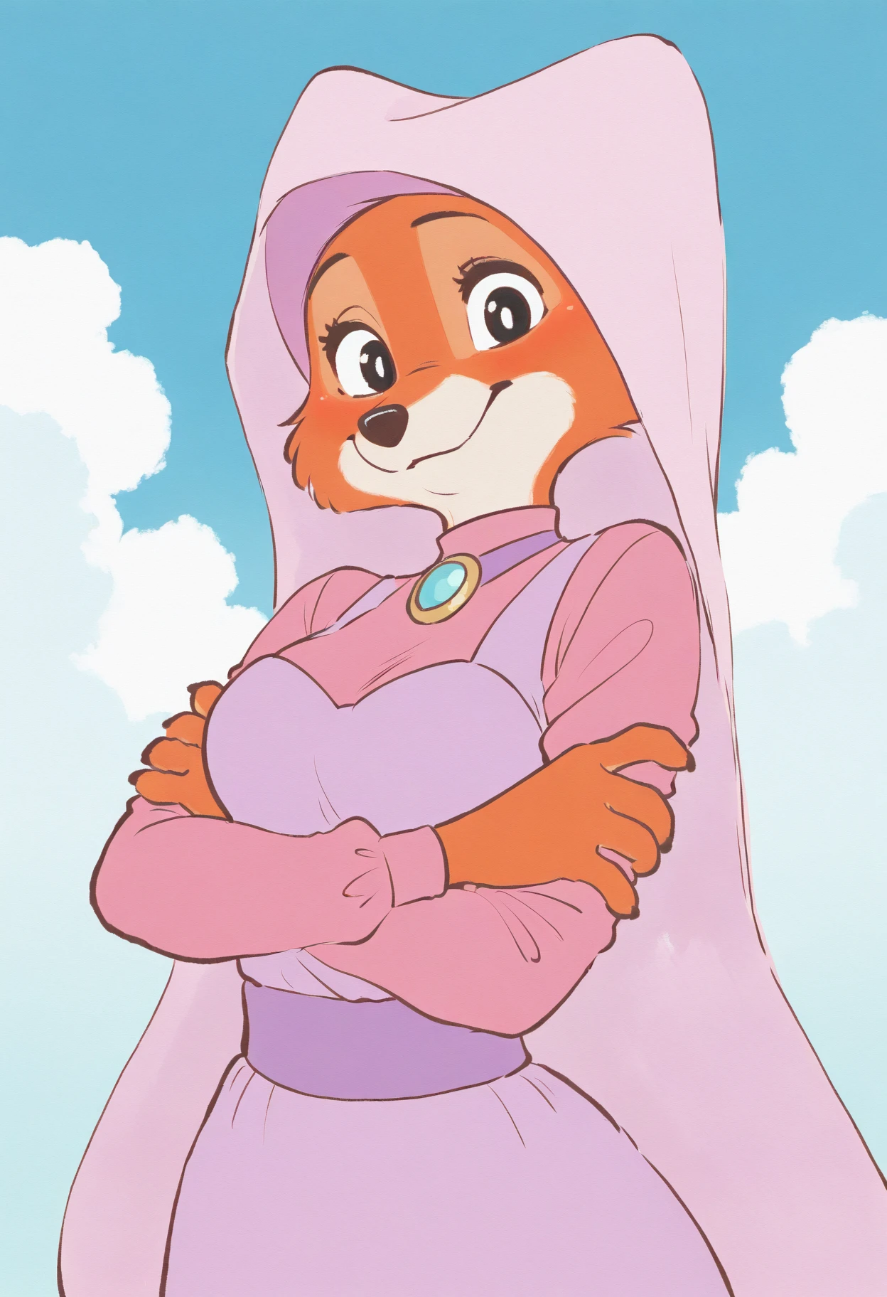 masterpiece, best quality, newest, absurdres, lazypos, (maid marian \(disney\):0.2),
m4r14n-p3np3n-st4le, orange fur, black eyes, pink dress, pink veil, blue sky, cloud, looking at viewer, crossed arms, portrait
<lora:Marian-PenPen-style_il:0.9>