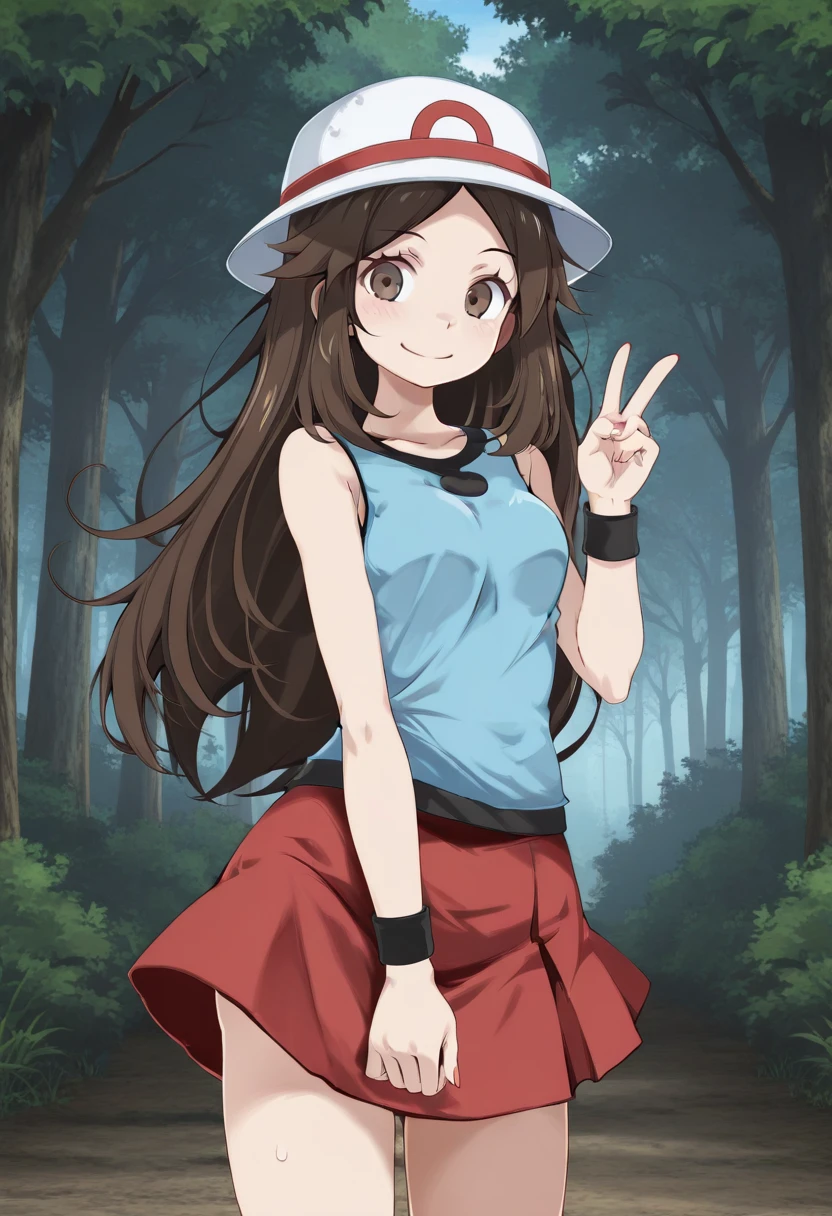 1girl, solo, frlgleaftsukishiro, print hat, white headwear, brown hair, very long hair, parted bangs, hair flaps, brown eyes, blue shirt, sleeveless shirt, black wristband, red skirt, outdoors, forest, smile, v, peace, cowboy shot, standing,