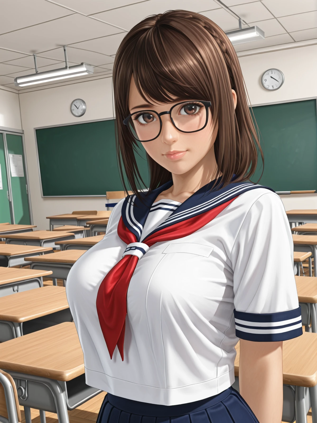 tsukushi \(doax vv\),brown hair,brown eyes,glasses,large breasts,serafuku,classroom,