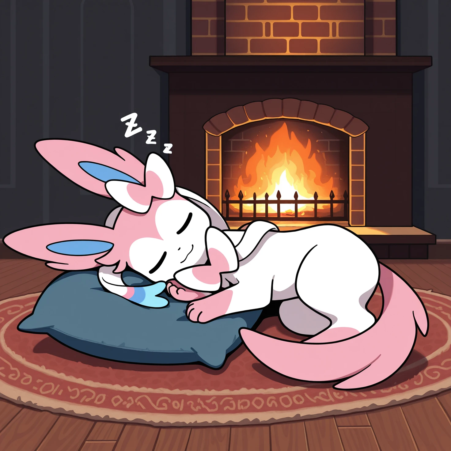 solo, sylveon, light smile, sleeping on pillow, zzz, fireplace, indoors, detailed background, detailed outlines, wooden floor, rug