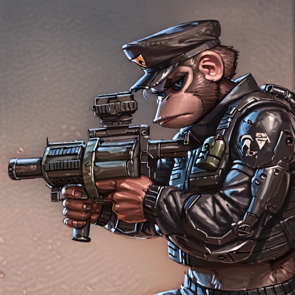 score_9, score_8_up, score_7_up, redustheriotact, anthro, monkey, black sclera, bulletproof vest, holding weapon, grenade launcher, blue pupils, serious, upper body, action pose, exoskeleton, zipper, side view, cap, aiming