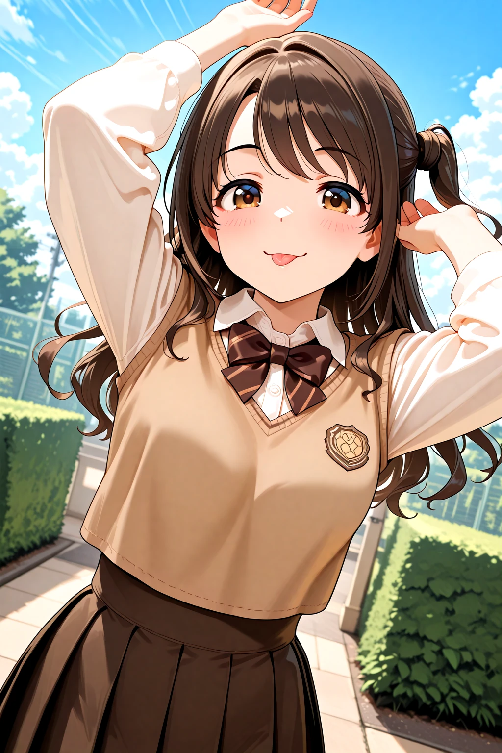 masterpiece, best quality, amazing quality, 1girl, solo, makeup, general, cowboy shot, looking at viewer, blush, dramatic angle, smile, outdoors, school yard, sky, arms up, tongue out, <lora:Shimamura_Uzuki_cinderella:0.7>, Shimamura_Uzuki_Cinderella, long hair, brown hair, brown eyes, one side up, (half updo), breasts, <lora:Brown_Schooluniform:1>, Brown_Schooluniform, white collared shirt, brown pleated skirt, long sleeves, school uniform, ((brown vest)), brown bowtie, striped bowtie, white socks, <lora:wai-A3-V140:1>, <lora:illustrious_noobai_epsilon_pred_1_masterpieces_v1:1>