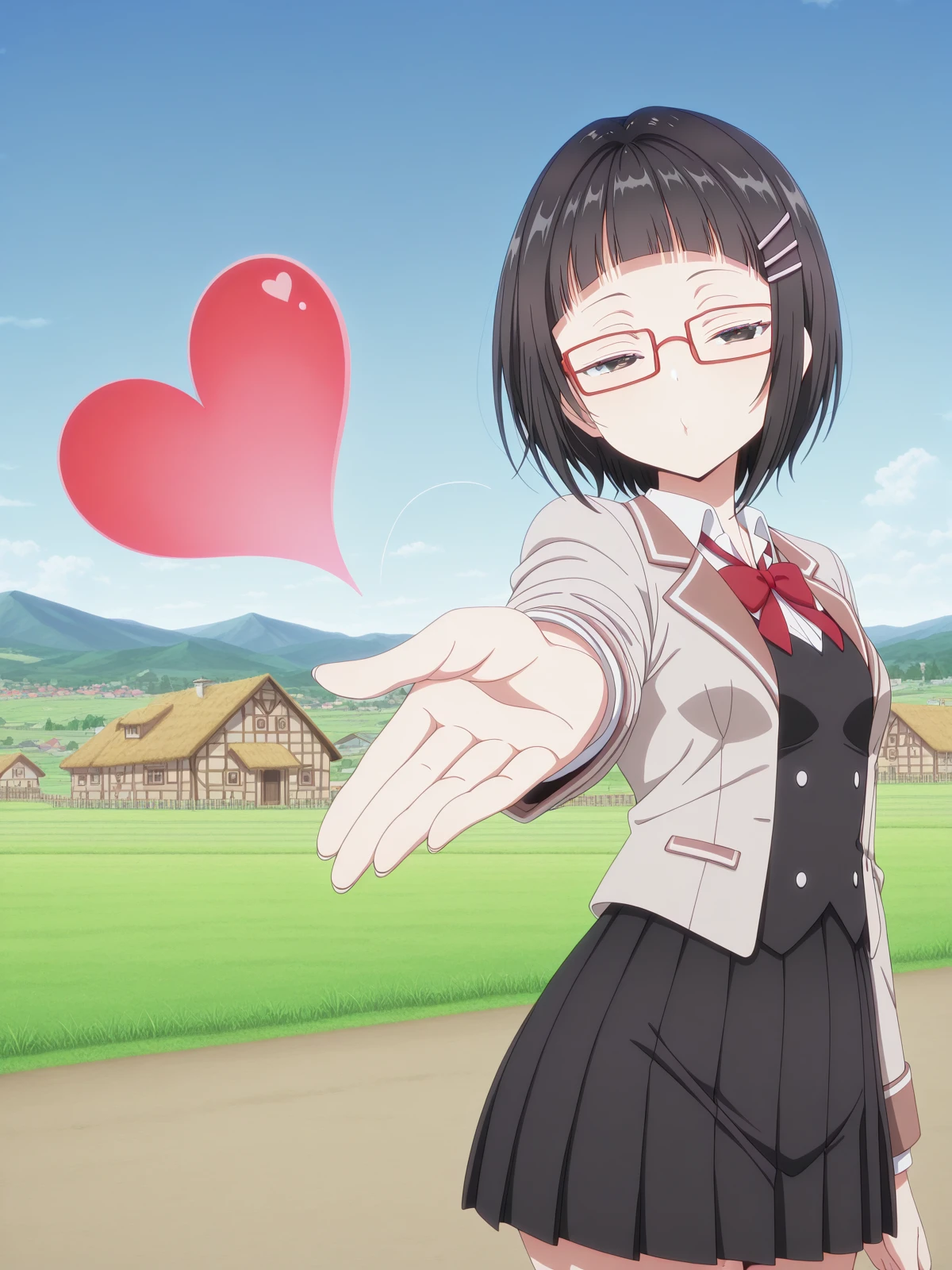 masterpiece, best quality, amazing quality,, <lora:sayaka-taniyama-s1-illustriousxl-lora-nochekaiser:1>, sayaka taniyama, black eyes, black hair, short hair, bangs, blunt bangs, hair clip, glasses, red-framed eyewear, mature female, small breasts, anime screencap, shirt, bow, jacket, white shirt, collared shirt, bowtie, red bow, blazer, red bowtie, black skirt, pleated skirt,, <lora:suzuka-dairenjis-blowing-kiss-illustriousxl-lora-nochekaiser:1>, suzuka dairenji's blowing kiss, solo, heart, outstretched hand, blowing kiss, foreshortening, half-closed eyes, looking at viewer,, village, houses, community, rural, farms, cowboy shot, solo, looking at viewer,