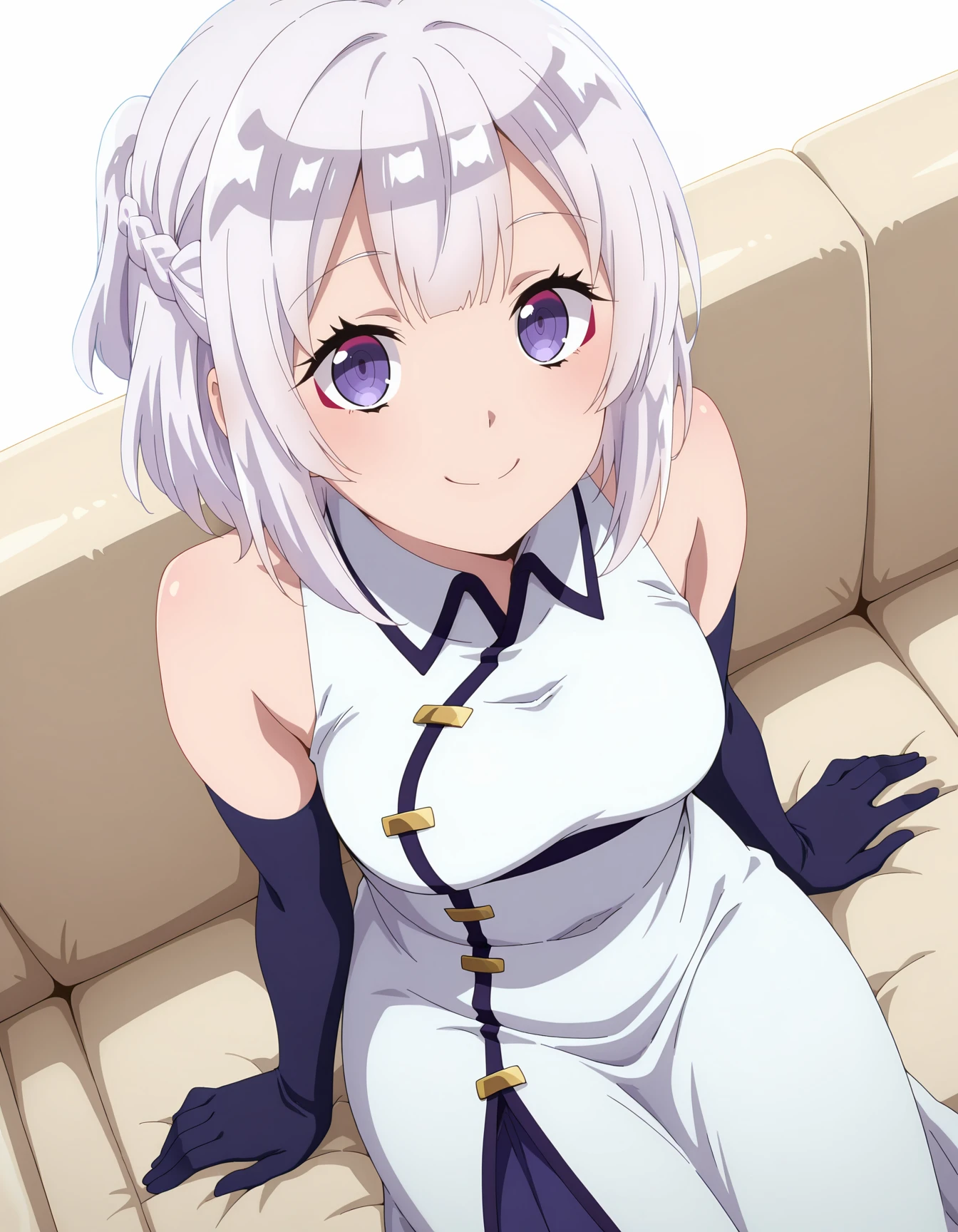 highres,very detailed,amazing quality,very aesthetic,anime screencap,shiny skin,
1girl,smile,solo,looking at viewer,dutch angle,foreshortening,sitting sofa,cowboy shot,from above,(simple background,white background:1.2),
purple eyes,red eyeshadow,center-flap bangs,white hair,short hair,half up braid,short ponytail,
white dress,purple elbow gloves,<lora:FLIAW_Hakuren 1:1>long skirt,