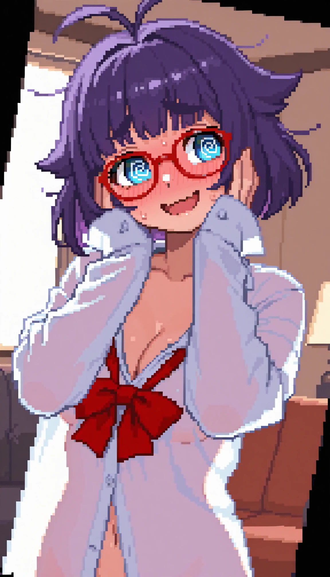 masterpiece, best quality, amazing quality, 4k, very aesthetic, ultra-detailed, (pixel art, dithering, pixelated, sprite art, 8-bit:1.2), 1girl, solo, purple hair, medium bob, choppy blunt bangs, sidelocks, hair flaps, antenna hair, messy hair, raised inner eyebrows, (round eyebrows:1.2), blue eyes, round eyes, tareme, (head tilt:1.2), facing to the viewer, looking to the side, averting eyes, smile, open mouth, wavy mouth, embarassed, full-face blush, @ @, sweatdrop, medium breasts, (cleavage:1.2), round red-framed glasses, loose oversized collared open white shirt sleeves past fingers, loose tilted red bowtie, collarbone, no bra, midriff, navel, (hands framing own cheeks:1.2), shrugging, dappled sunlight, back light, rim light, see-through silhouette, standing, upper body, dutch angle, window, living room, BREAK, delicate hair, volumetric lighting