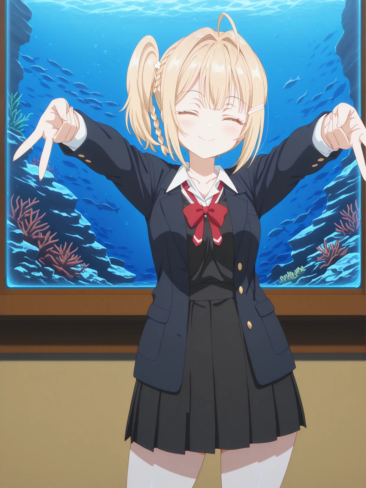 masterpiece, best quality, amazing quality,, <lora:nonoa-miyamae-s1-illustriousxl-lora-nochekaiser:1>, nonoa miyamae, blonde hair, short hair, side ponytail, one side up, braid, hair ornament, yellow eyes, ahoge, hair clip, hair intakes, mature female, small breasts, anime screencap, shirt, bow, jacket, white shirt, collared shirt, bowtie, red bow, blazer, red bowtie, black skirt, pleated skirt,, <lora:double-gyaru-v-illustriousxl-lora-nochekaiser:1>, doublegyaruv, solo, looking at viewer, blush, smile, closed eyes, standing, cowboy shot, double v,, aquarium, water, fish, tanks, blue, cowboy shot, solo, looking at viewer,