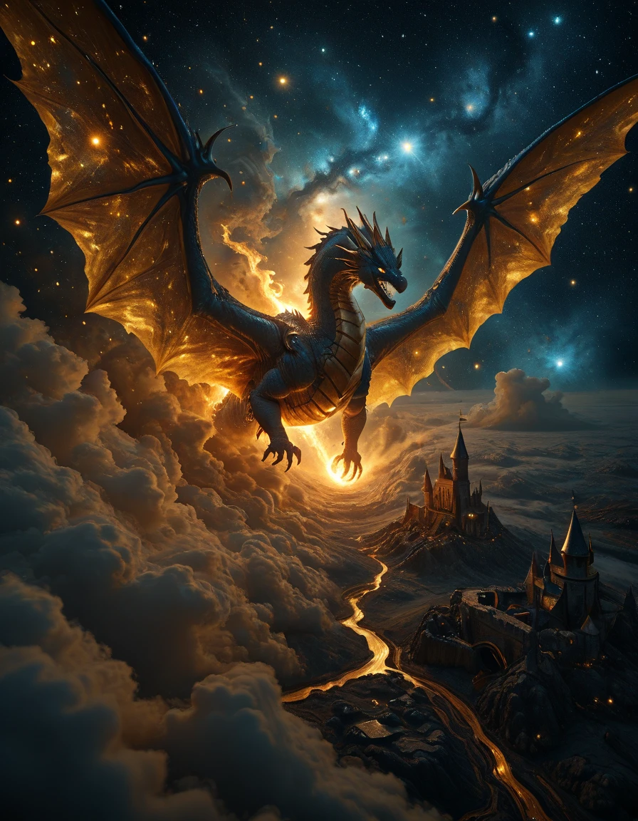 <lora:Gold_dream_ill:0.8> gdv1, around and above a medieval castle, gigantic celestial dragon made of swirling golden fire, eyes glowing deep blue, flying across cosmic nebula, stars shimmering in trails of blue and gold, broken asteroids glowing faintly, atmosphere of divine power, cinematic fantasy scale, epic mythological creature,