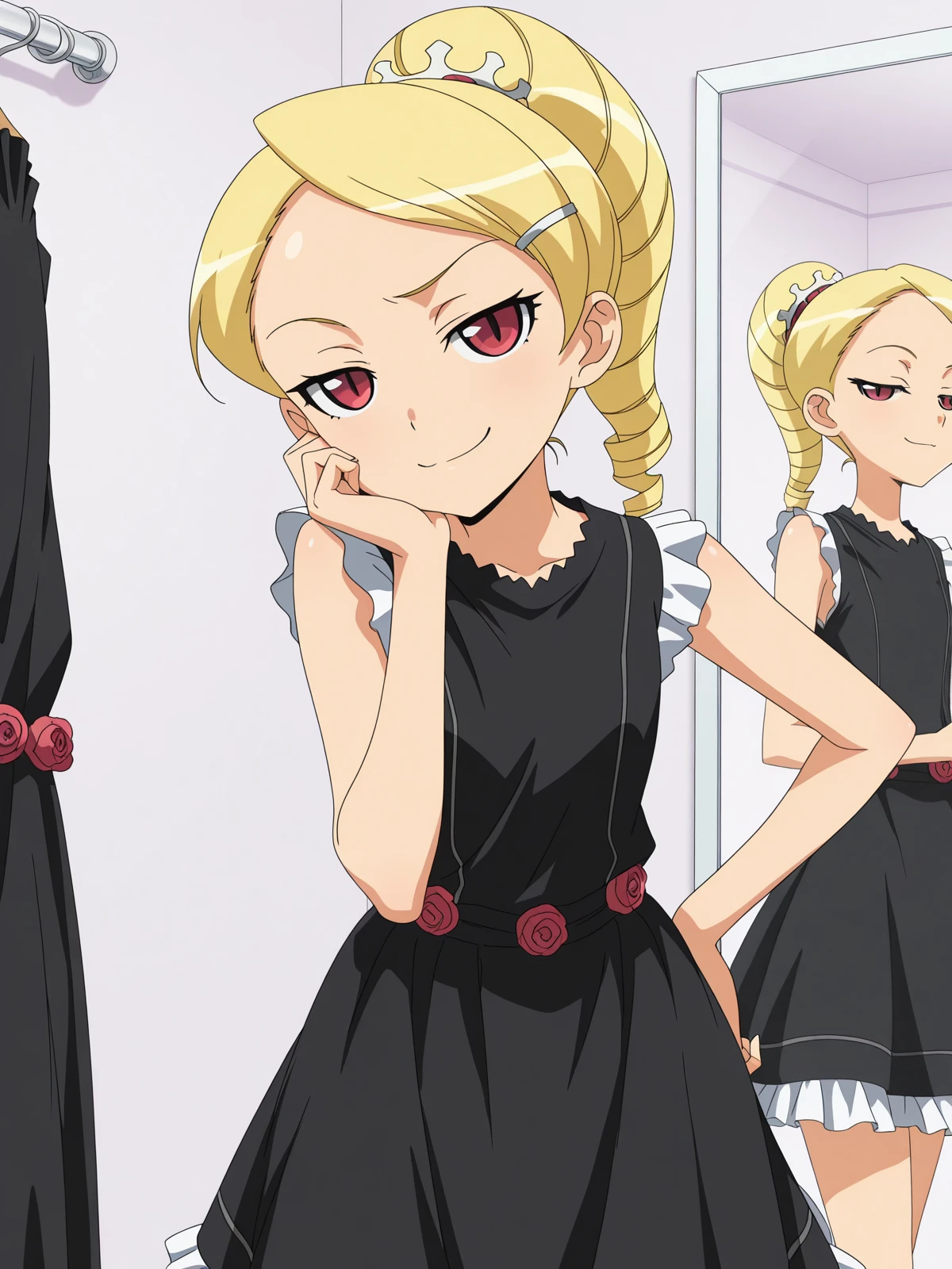 masterpiece, best quality, amazing quality,, <lora:kaibutsuoujo-sherwood-s1-illustriousxl-lora-nochekaiser:1>, sherwood, blonde hair, hair ornament, red eyes, ponytail, hairclip, drill hair, anime screencap, dress, flower, black dress, black dress, skirt, frilled skirt, black skirt, sleeveless, sleeveless dress, head rest, smug, fitting room, mirror, clothes, privacy, store, cowboy shot, solo, looking at viewer, <lora:transparent-background-illustriousxl-lora-nochekaiser:1>, transparent background, simple background, white background