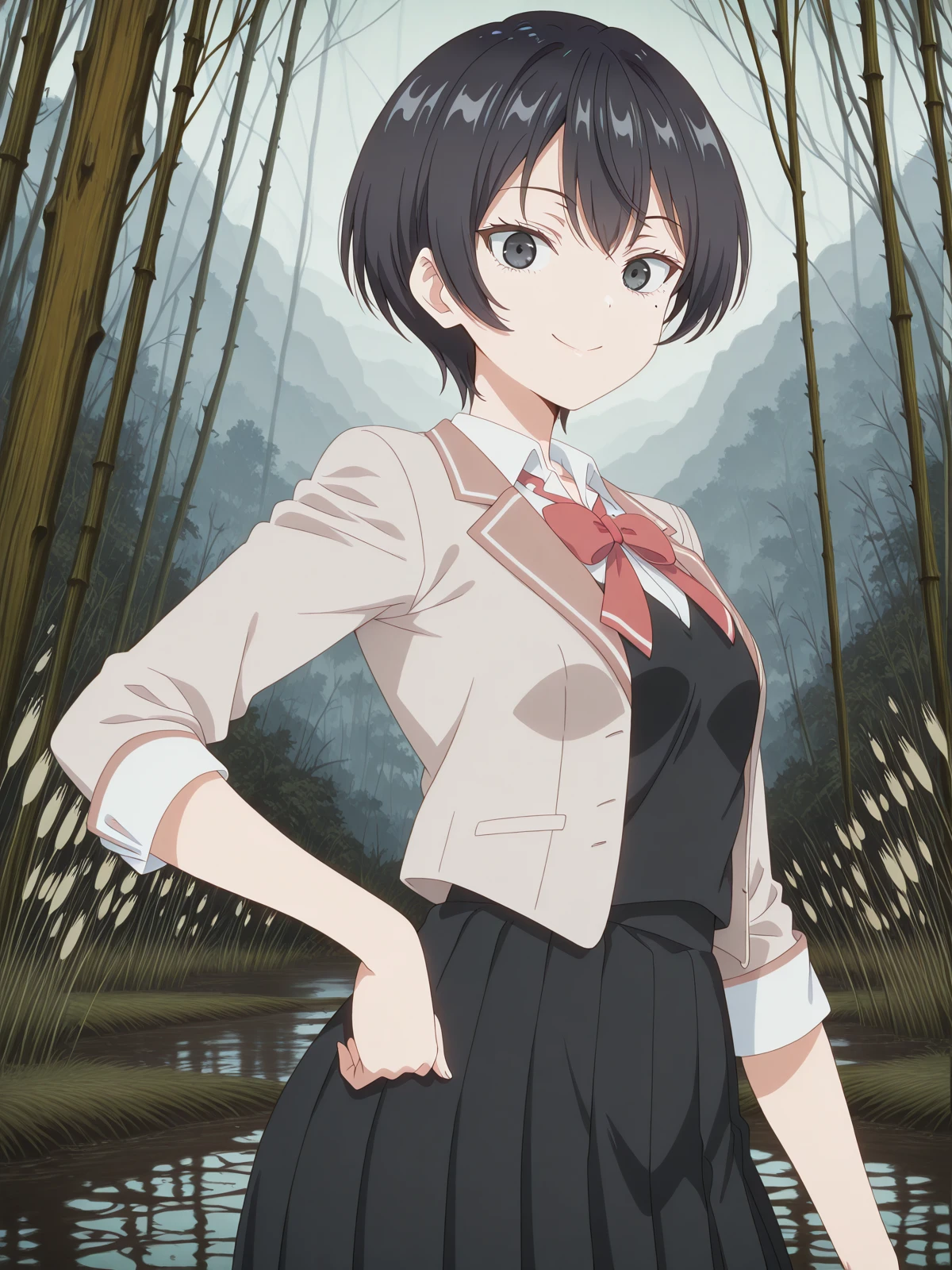 masterpiece, best quality, amazing quality,, <lora:chisaki-sarashina-s1-illustriousxl-lora-nochekaiser:1>, chisaki sarashina, black eyes, black hair, mole, mole under eye, short hair, mature female, small breasts, anime screencap, shirt, bow, jacket, white shirt, collared shirt, bowtie, red bow, blazer, red bowtie, black skirt, pleated skirt,, <lora:sailormars-pose-illustriousxl-lora-nochekaiser:1>, sailormars pose, solo, looking at viewer, smile, cowboy shot, hand on own hip,, wetland, water, reeds, swamp, wildlife, cowboy shot, solo, looking at viewer,