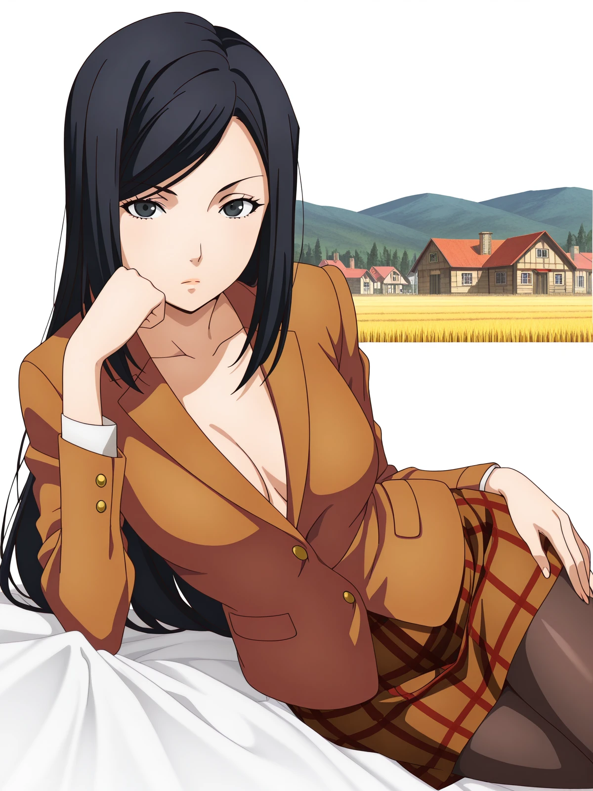 masterpiece, best quality, amazing quality,, <lora:mari-kurihara-s1-illustriousxl-lora-nochekaiser:1>, mari kurihara, long hair, black hair, black eyes, mature female, medium breasts, anime screencap, skirt, jacket, pantyhose, plaid, plaid skirt, blazer,, <lora:hand-on-own-hip-on-side-illustriousxl-lora-nochekaiser:1>, hand on own hip on side, looking at viewer, collarbone, lying, hand on hip, bed, bed sheet, arm support, on bed, on side, head rest, hand on own thigh, rural, fields, houses, countryside, quiet, cowboy shot, solo, looking at viewer, <lora:transparent-background-illustriousxl-lora-nochekaiser:1>, transparent background, simple background, white background