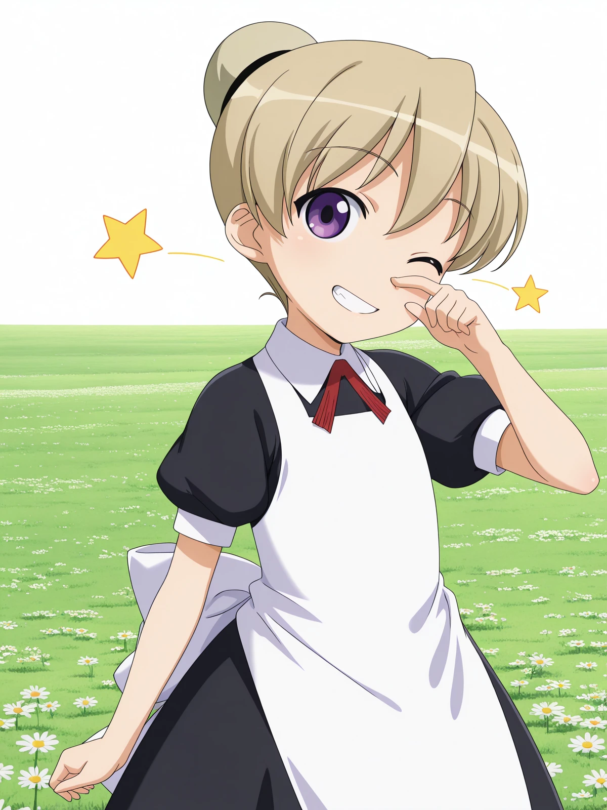 masterpiece, best quality, amazing quality,, <lora:kaibutsuoujo-flandre-s1-illustriousxl-lora-nochekaiser:1>, flandre, short hair, blonde hair, purple eyes, hair bun, anime screencap, apron, maid,, <lora:rubbing-nose-illustriousxl-lora-nochekaiser:1>, rubbing nose, looking at viewer, smile, one eye closed, hand up, teeth, star (symbol),, meadow, grass, flowers, open, sunlight, cowboy shot, solo, looking at viewer, <lora:transparent-background-illustriousxl-lora-nochekaiser:1>, transparent background, simple background, white background