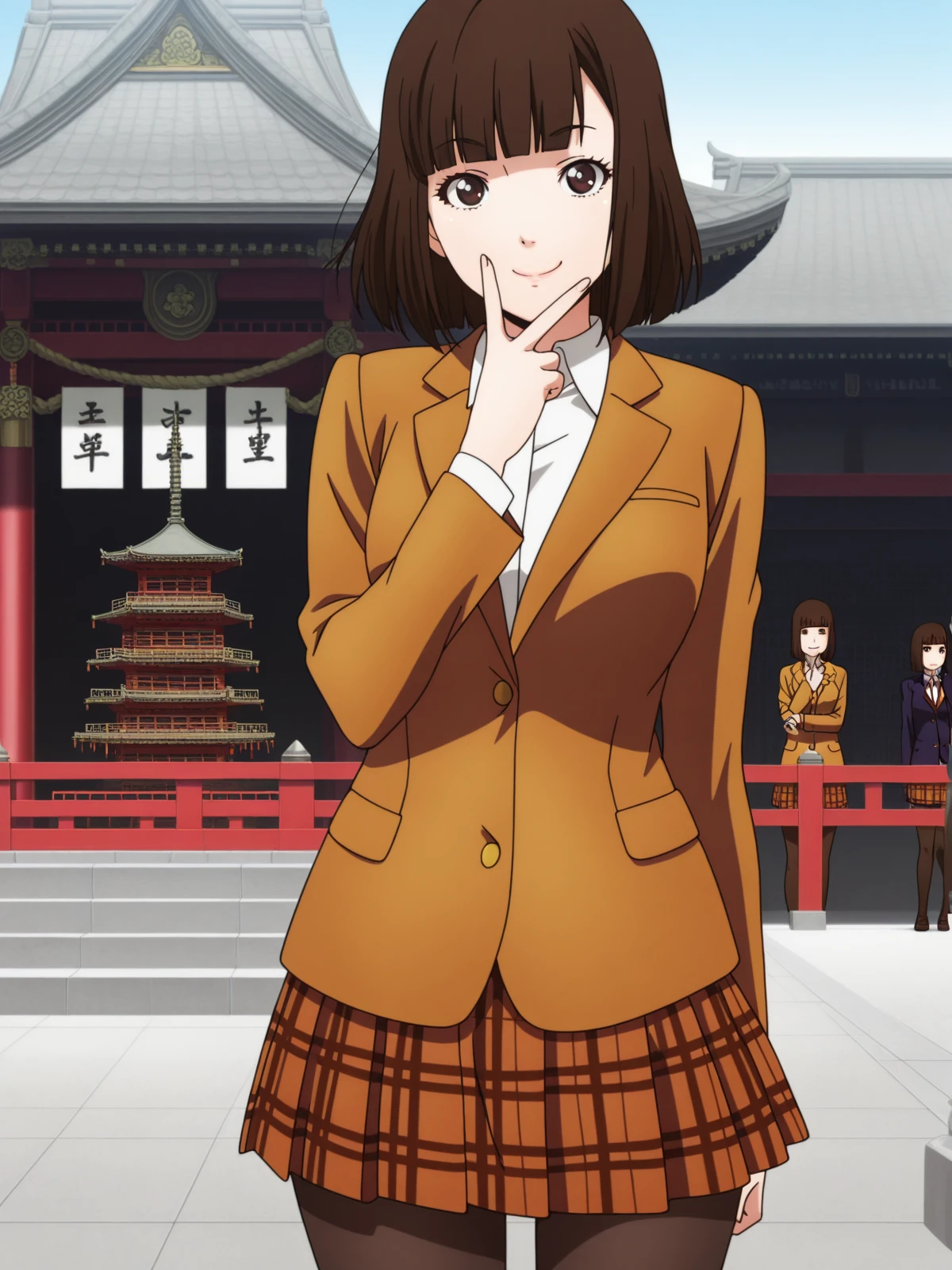 masterpiece, best quality, amazing quality,, <lora:chiyo-kurihara-s1-illustriousxl-lora-nochekaiser:1>, chiyo kurihara, brown hair, brown eyes, short hair, bangs, blunt bangs, mature female, medium breasts, anime screencap, skirt, jacket, pantyhose, plaid, plaid skirt, blazer,, v, v over mouth, smug,, pagoda, tall, tiered, Asian, sacred, cowboy shot, solo, looking at viewer,