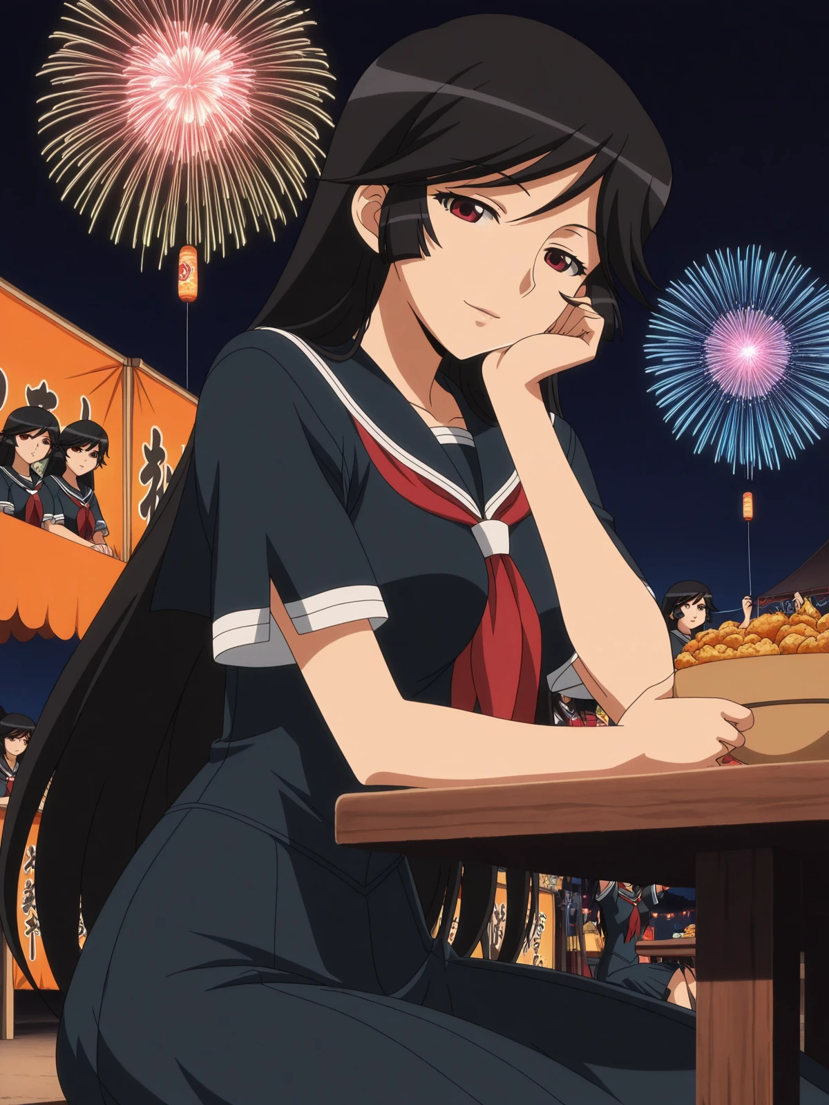 masterpiece, best quality, amazing quality,, <lora:reiri-kamura-s1-illustriousxl-lora-nochekaiser:1>, reiri kamura, long hair, black hair, red eyes, hime cut, mature female, , anime screencap, serafuku, black serafuku, red neckerchief,, sitting, elbow rest, table,, festival, fireworks, summer night, food stall, traditional, arms up, cowboy shot, solo, looking at viewer,