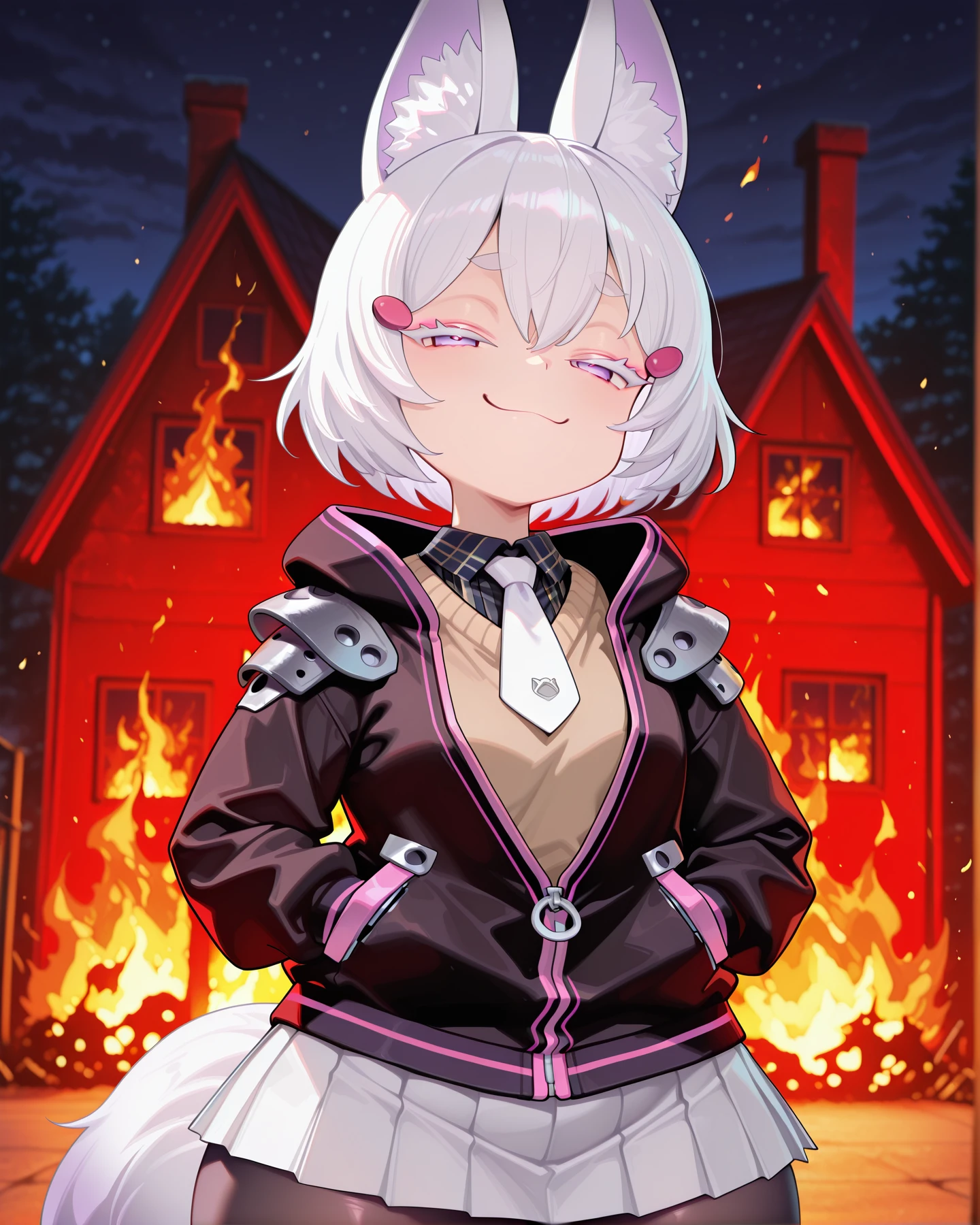 <lora:LECO-mature_female_XL(ill)v11:1> , <lora:Curvier:1>plump, thick thighs, wide hips, curvy,
<lora:Tenma_MaemiPC:1> MaEnma, fox girl, short hair, white hair, fox ears, fox tail, white colored eyelashes, purple eyes, hair ornament, black shirt collar, white necktie, long sleeves sweater, brown sweater, white skirt, black pantyhose, pink trim, white boots, black jackets, partially unzipped jacket, hood down, large zipper pull tab, metal shoulder pads, 
 <lora:disaster-girl-illustriousxl-lora-nochekaiser:1> disaster girl, disaster girl (meme), solo, looking at viewer, smile, closed mouth, upper body, blurry, blurry background, night, depth of field, half-closed eyes, parody, fire, meme, smug, burning house,, IllusP0s, masterpiece, best quality, amazing quality, very aesthetic, absurdres, newest, Smooth_Quality