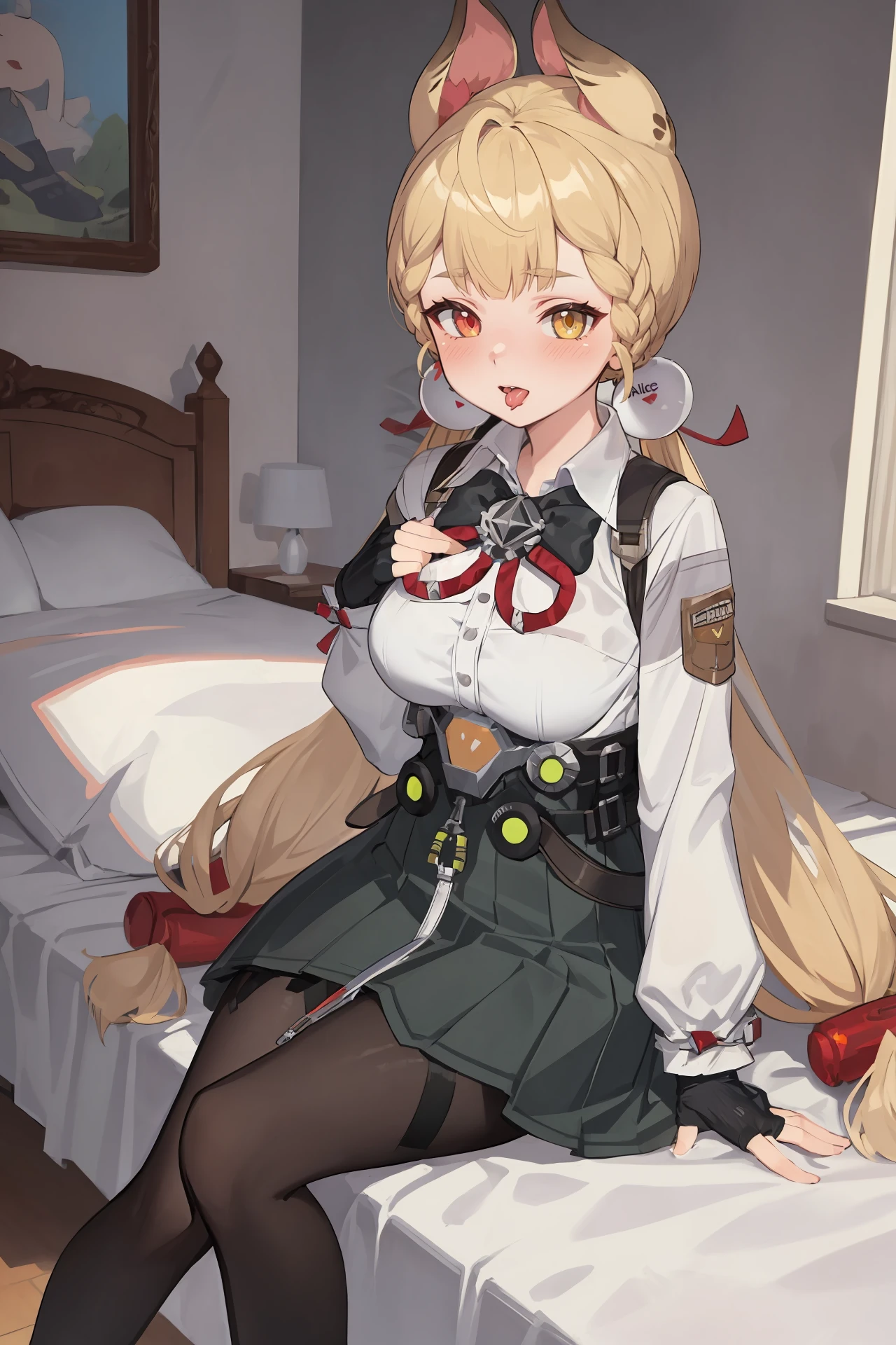 (best quality, masterpiece:1.2), <lora:Char-ZZZ-Alice-V1-SD1.5:0.9:hr=0.6>, 1girl, alice thymefield, heterochromia, solo, braided bangs, twintails, hair bobbles, white collared shirt, ribbon-trimmed sleeves, two-tone bowtie, chest harness, fingerless gloves, utility belt, high-waist pleated skirt, print pantyhose, high tops, sitting, bedroom, reclining, pout, blush, open mouth, tongue out, looking at viewer, depth of field